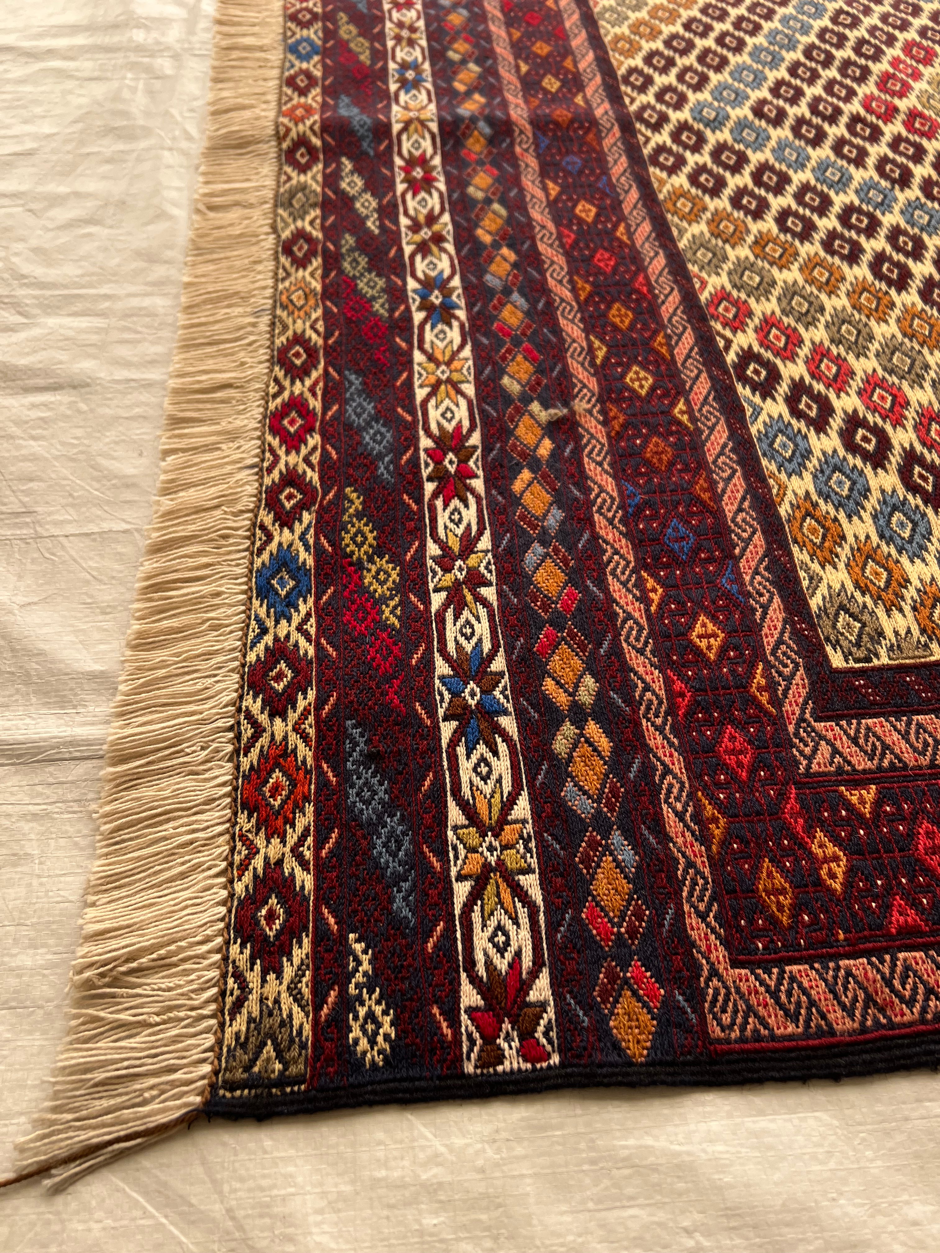 Kilim Rug 4x7 | Gold, Burgundy & Red | Hand-Woven Wool Flatweave