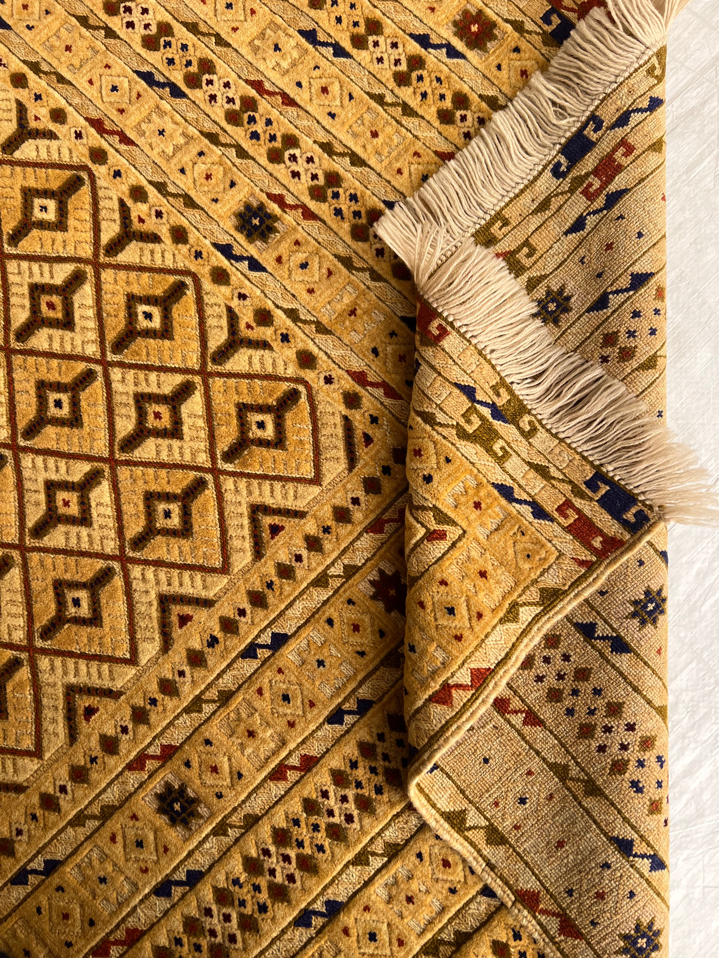Afghan Rug 7x9, Gold, Brown & Navy, Hand-Knotted Wool, view 8