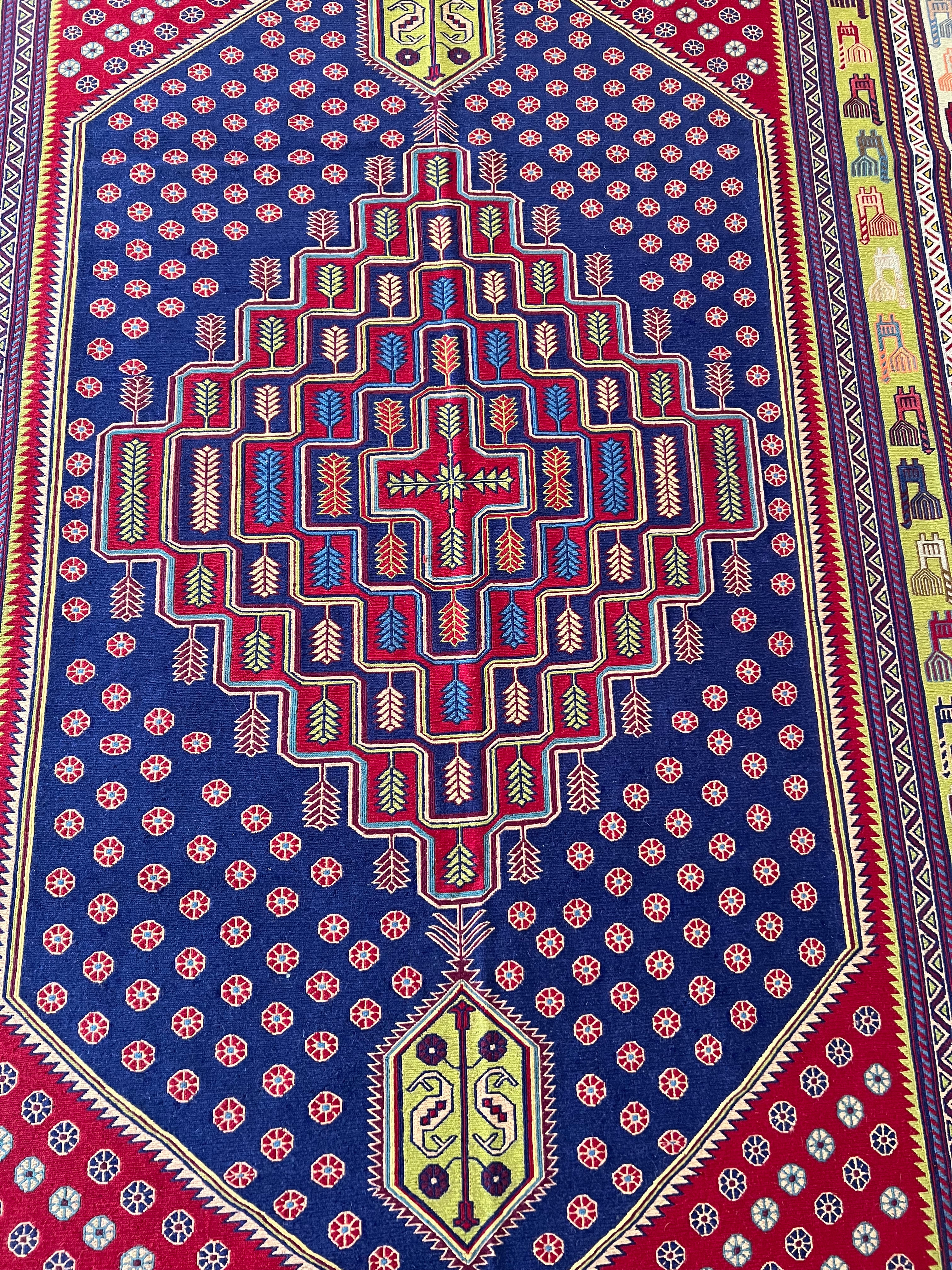 Oriental Rug 6x10 | Navy, Red & Gold | Flatweave Wool