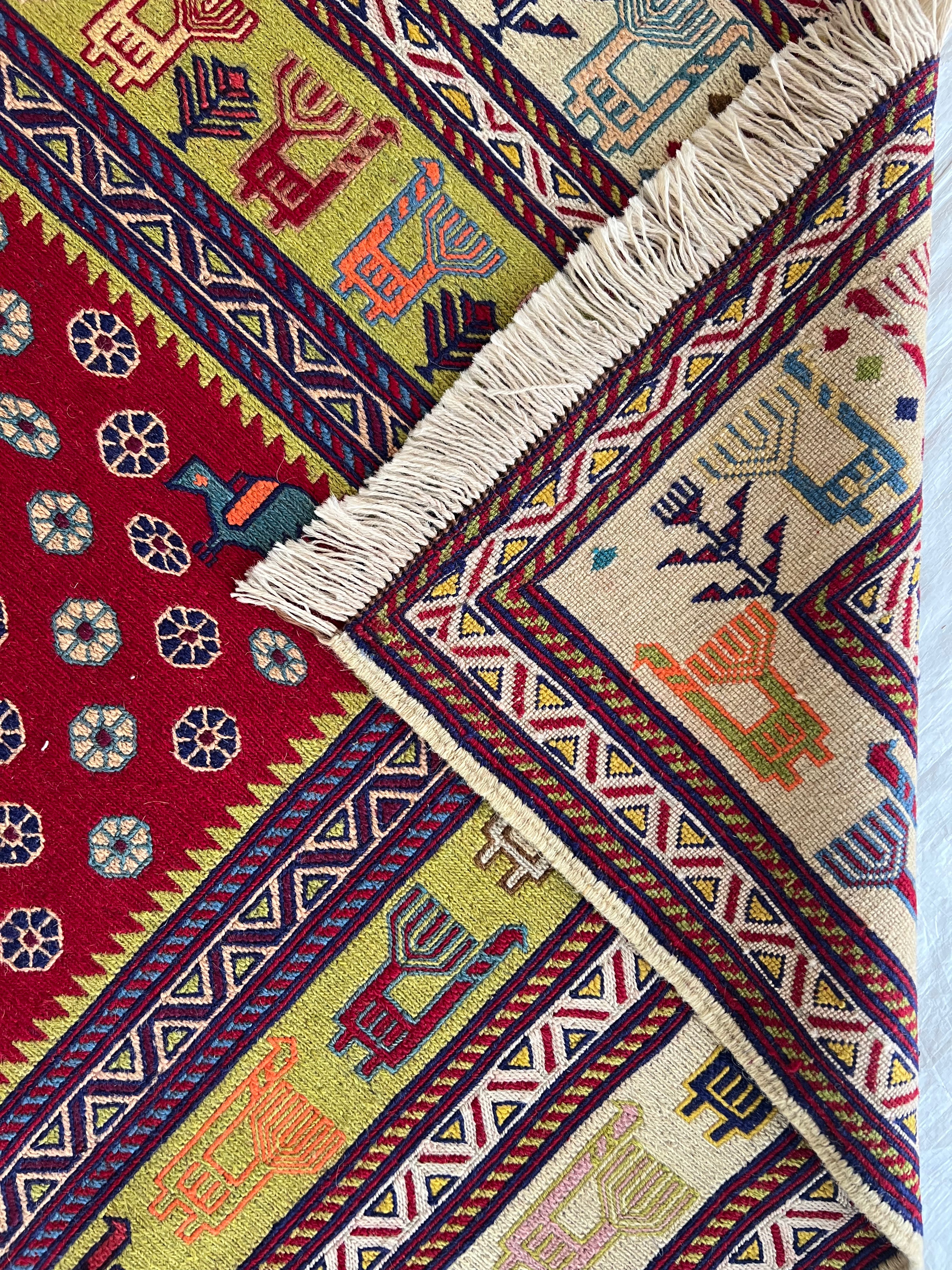 Oriental Rug 6x10 | Navy, Red & Gold | Flatweave Wool