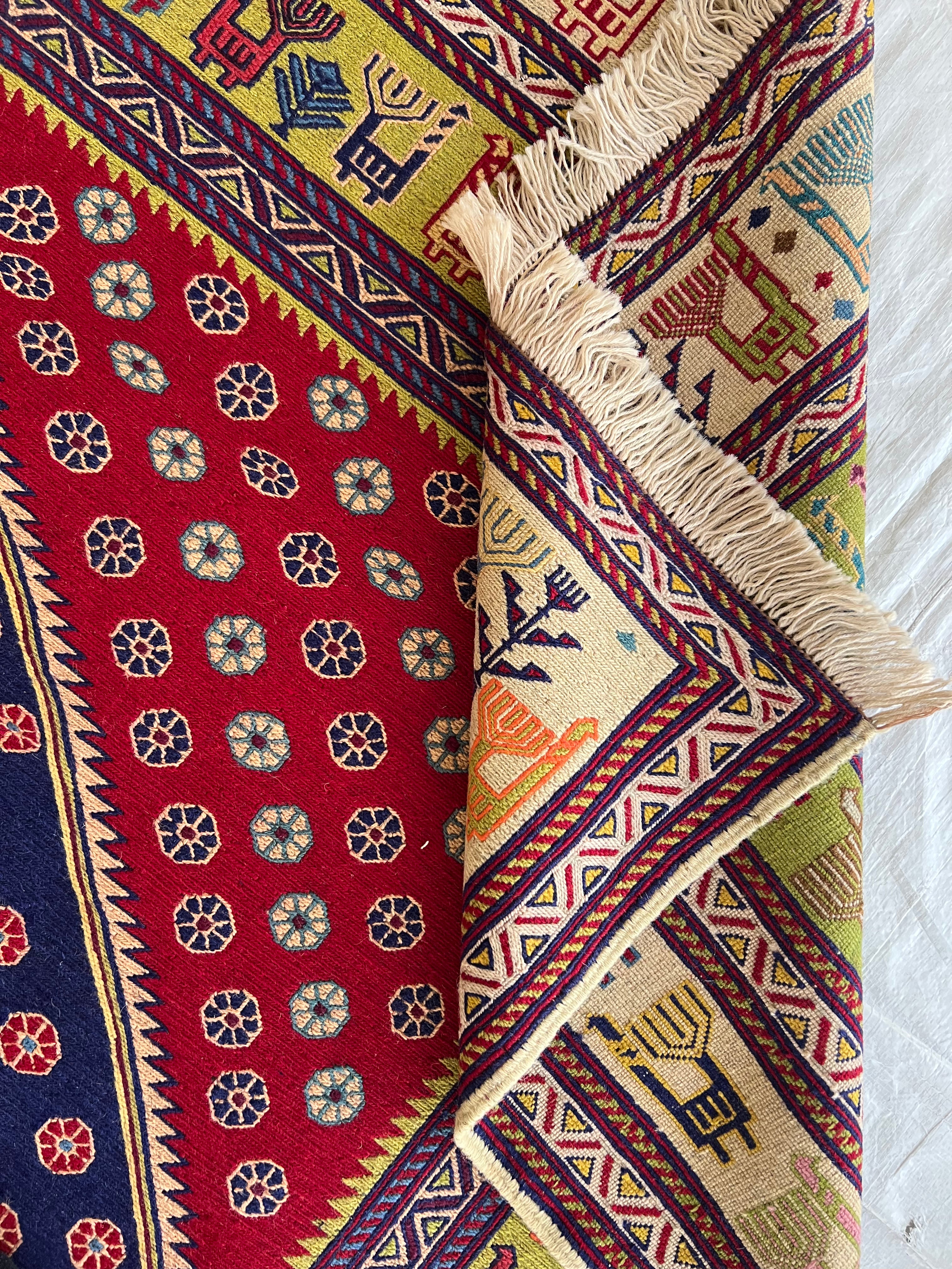 Oriental Rug 6x10 | Navy, Red & Gold | Flatweave Wool