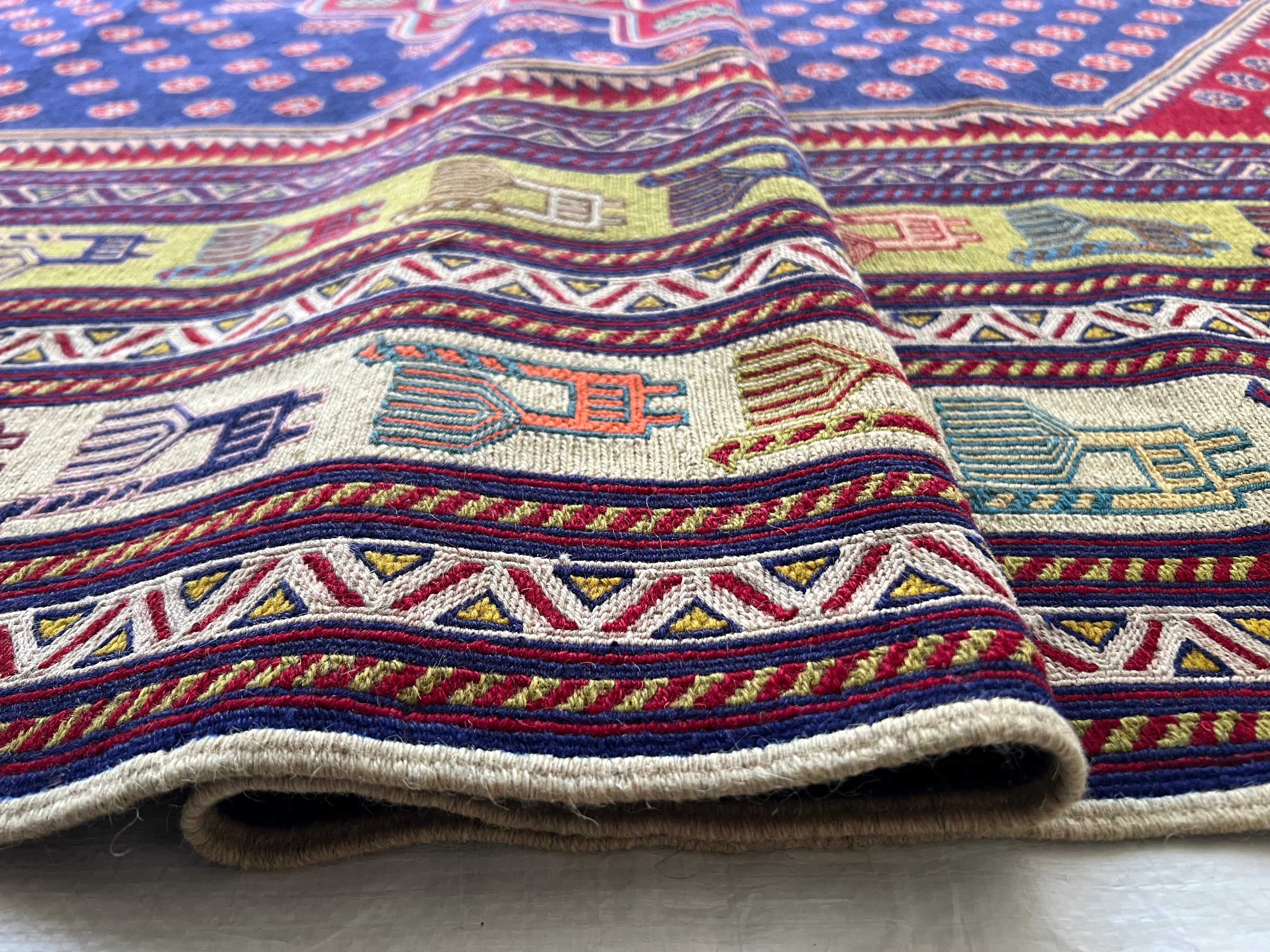 Oriental Rug 6x10 | Navy, Red & Gold | Flatweave Wool