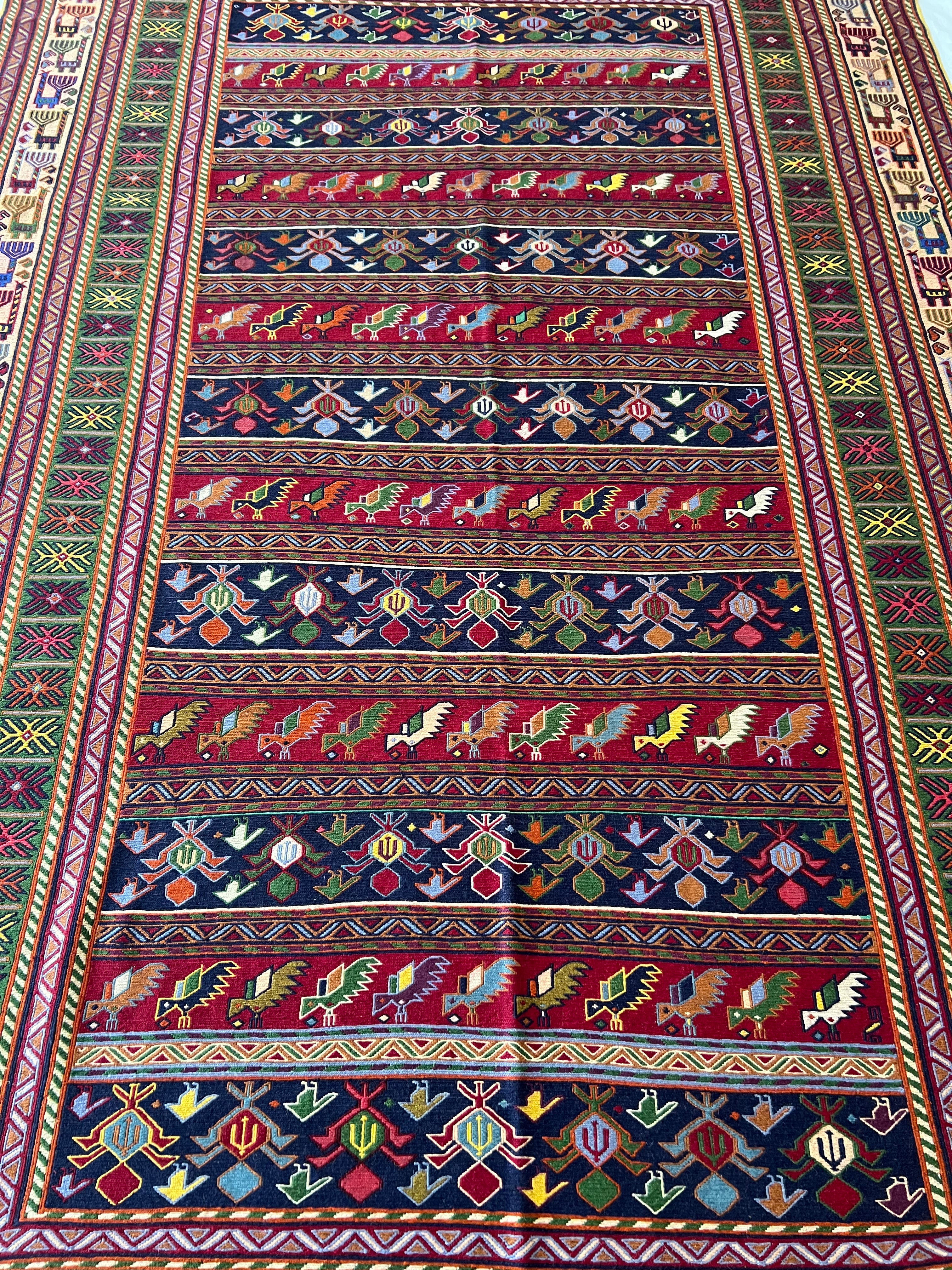 Oriental Rug 7x10 | Red, Navy & Brown | Flatweave Wool