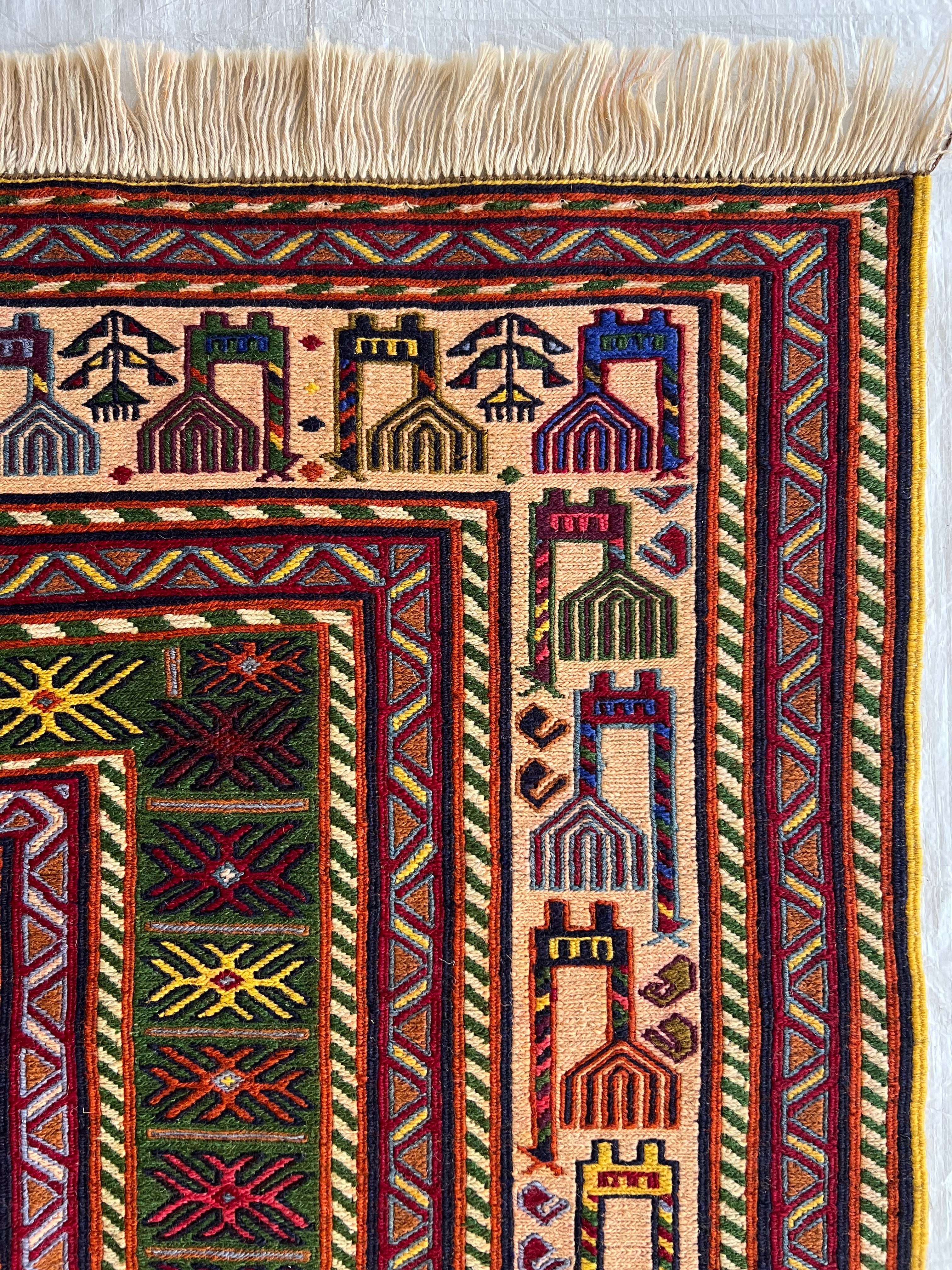 Oriental Rug 7x10 | Red, Navy & Brown | Flatweave Wool