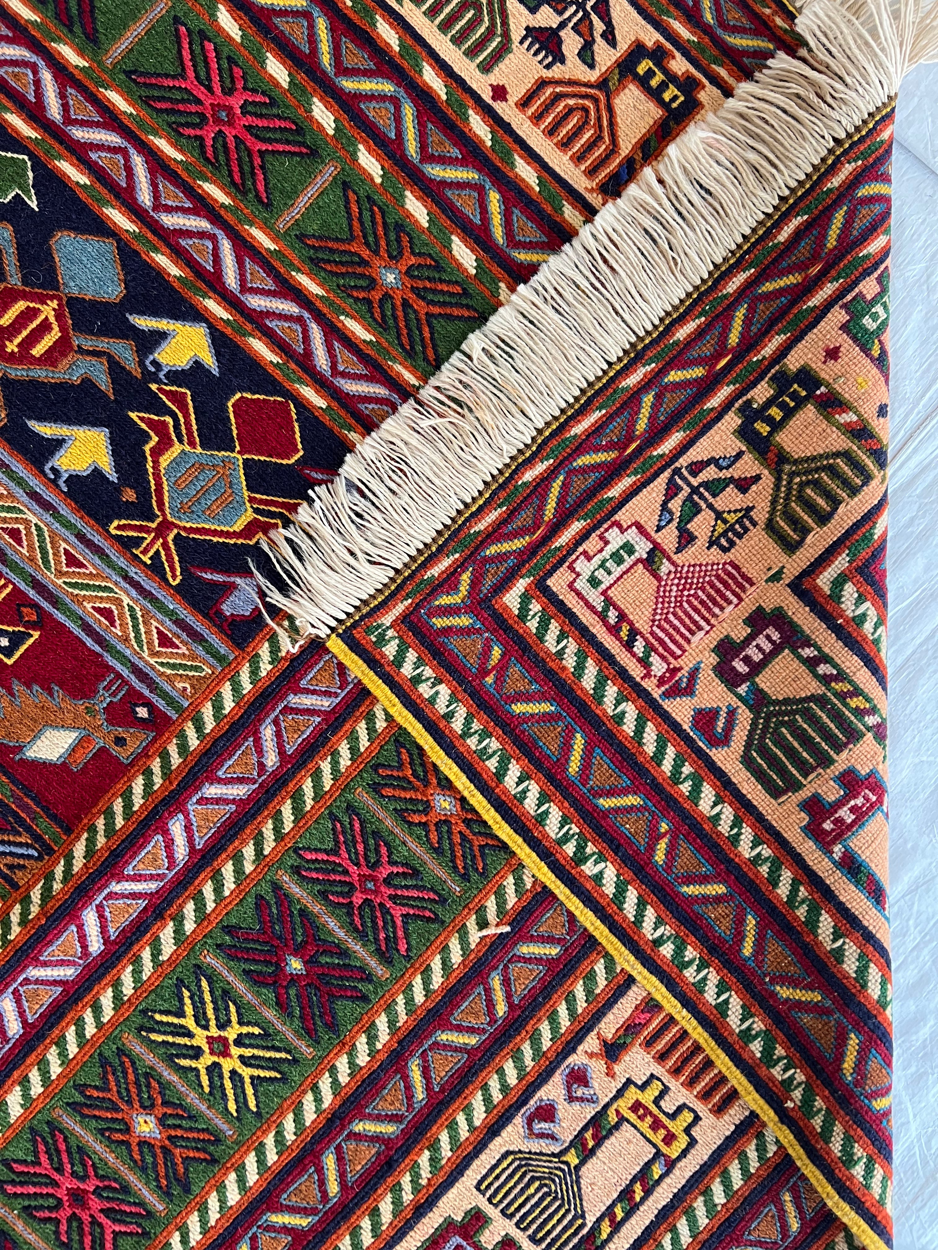 Oriental Rug 7x10 | Red, Navy & Brown | Flatweave Wool