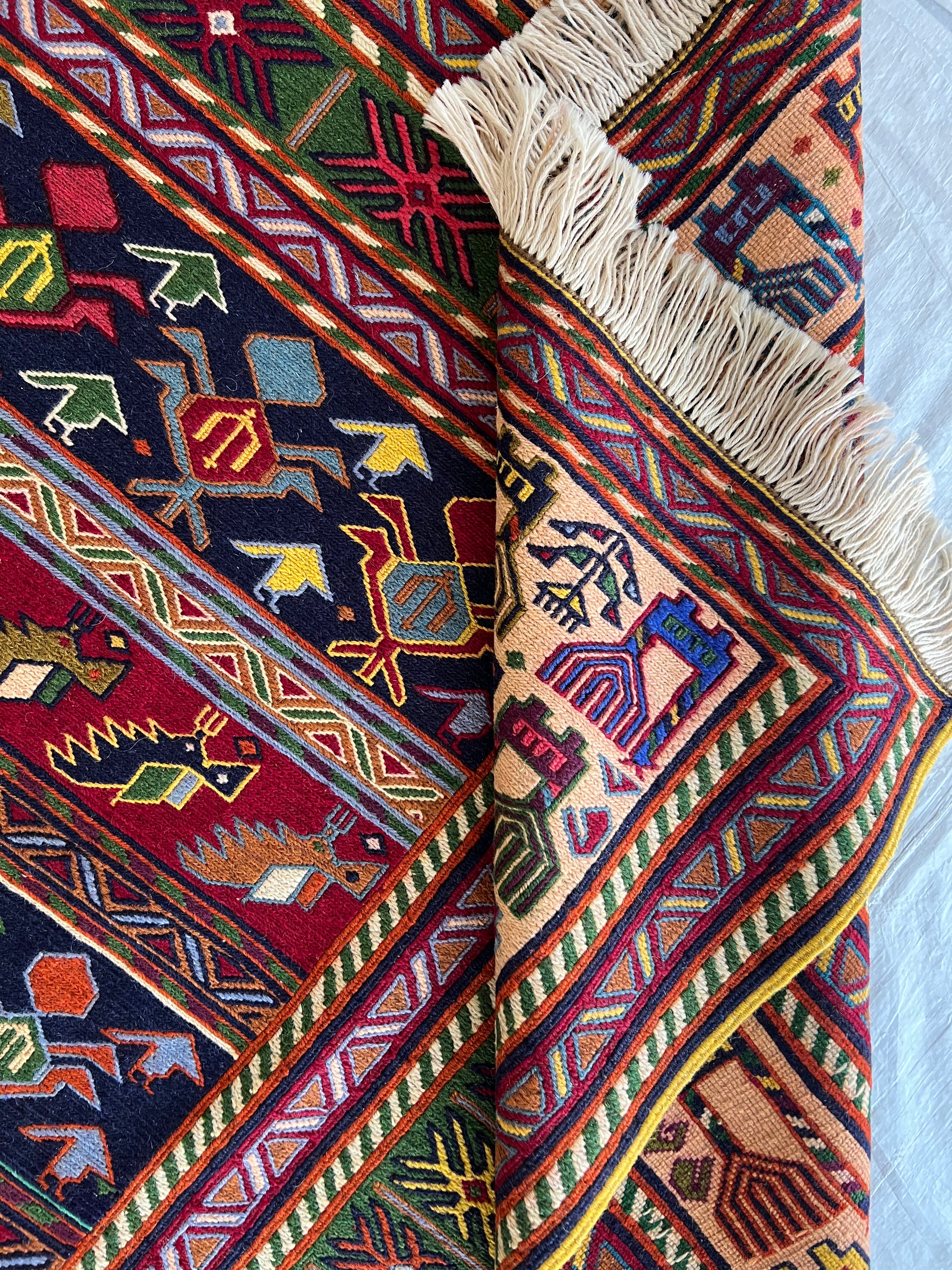 Oriental Rug 7x10 | Red, Navy & Brown | Flatweave Wool