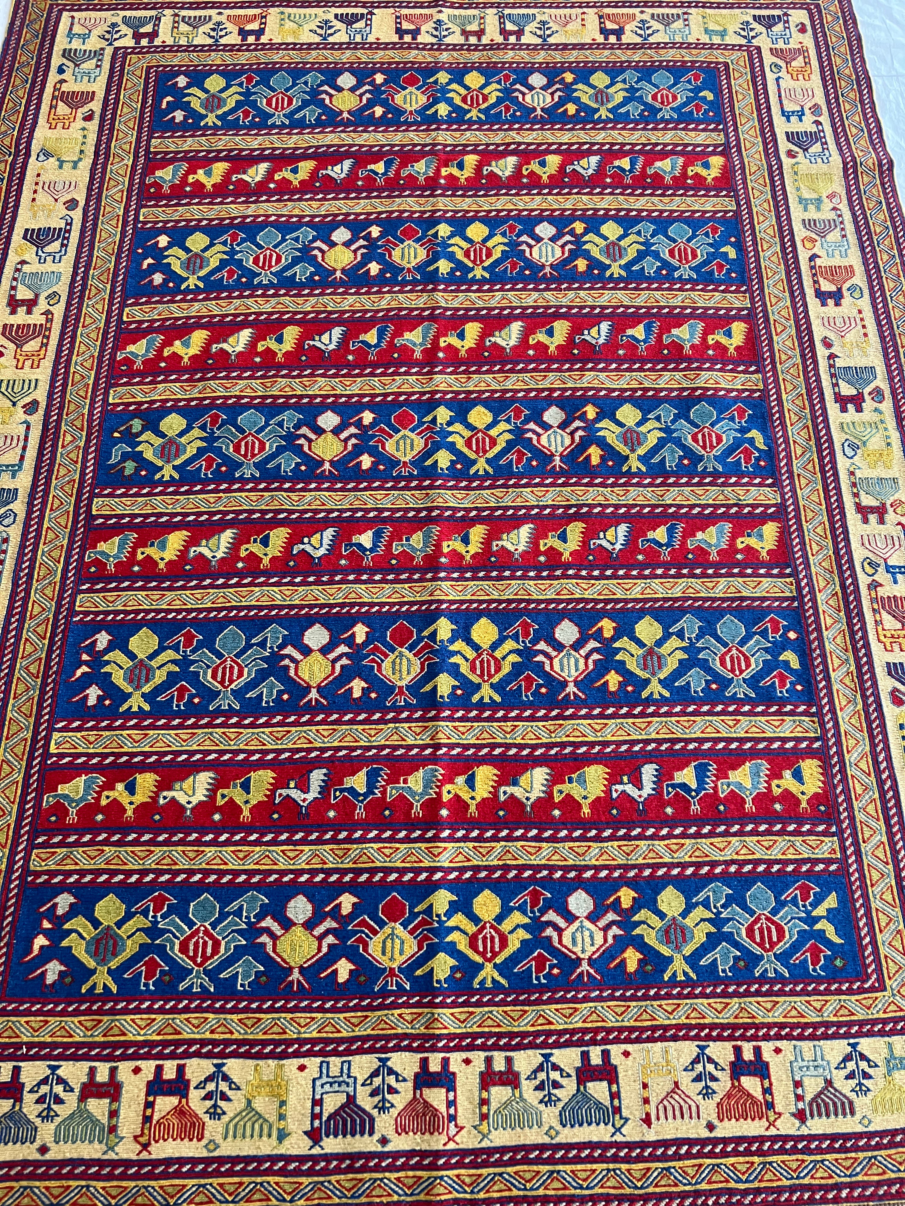 Oriental Rug 5x6 | Navy, Red & Gold | Flatweave Wool