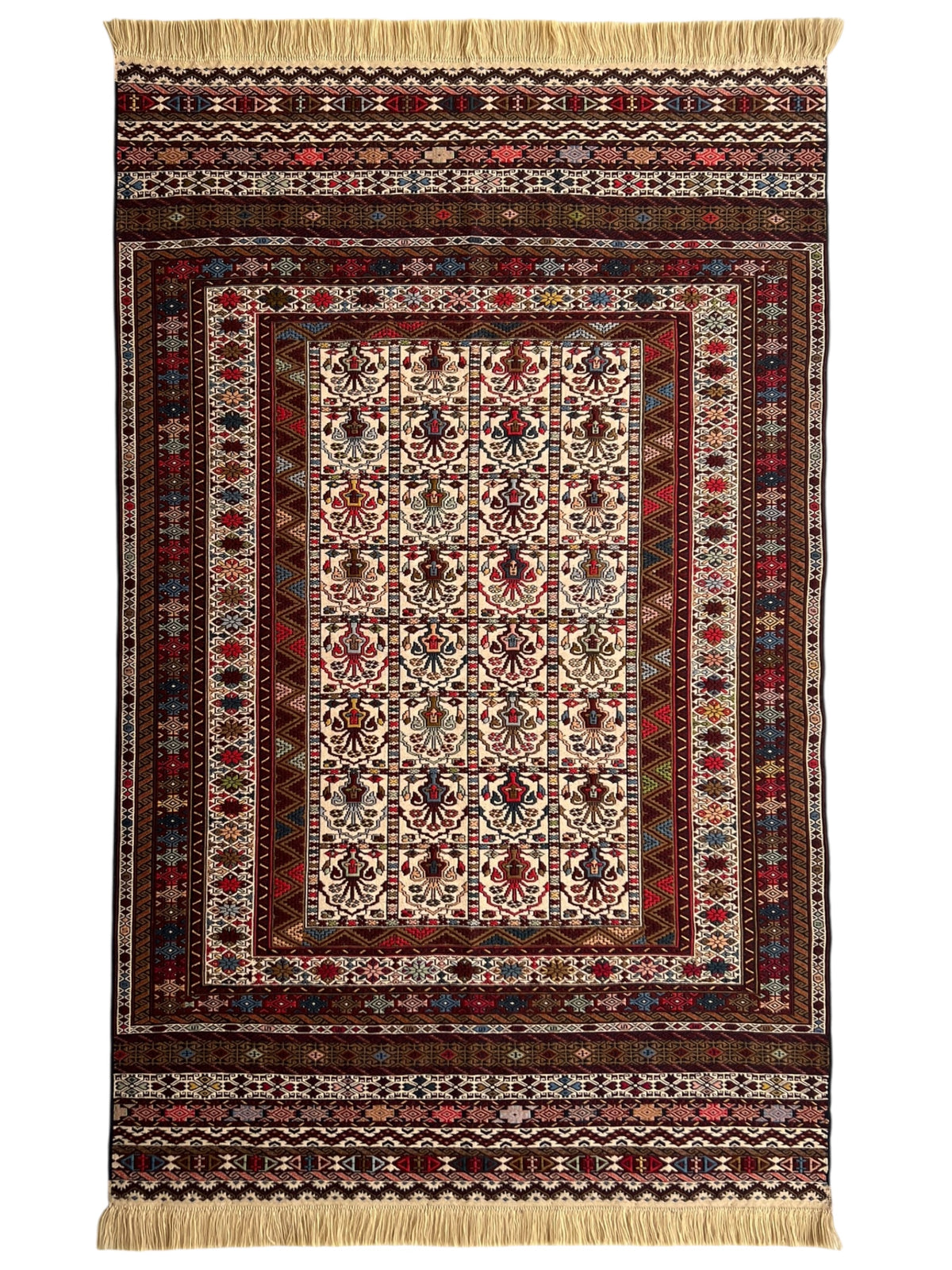 Kilim Tribal Rug 4x7 | Ivory, Brown, Burgundy & Red | Hand-Woven Wool Flatweave
