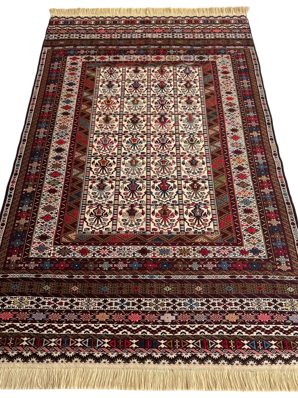 Kilim Tribal Rug 4x7 | Ivory, Brown, Burgundy & Red | Hand-Woven Wool Flatweave