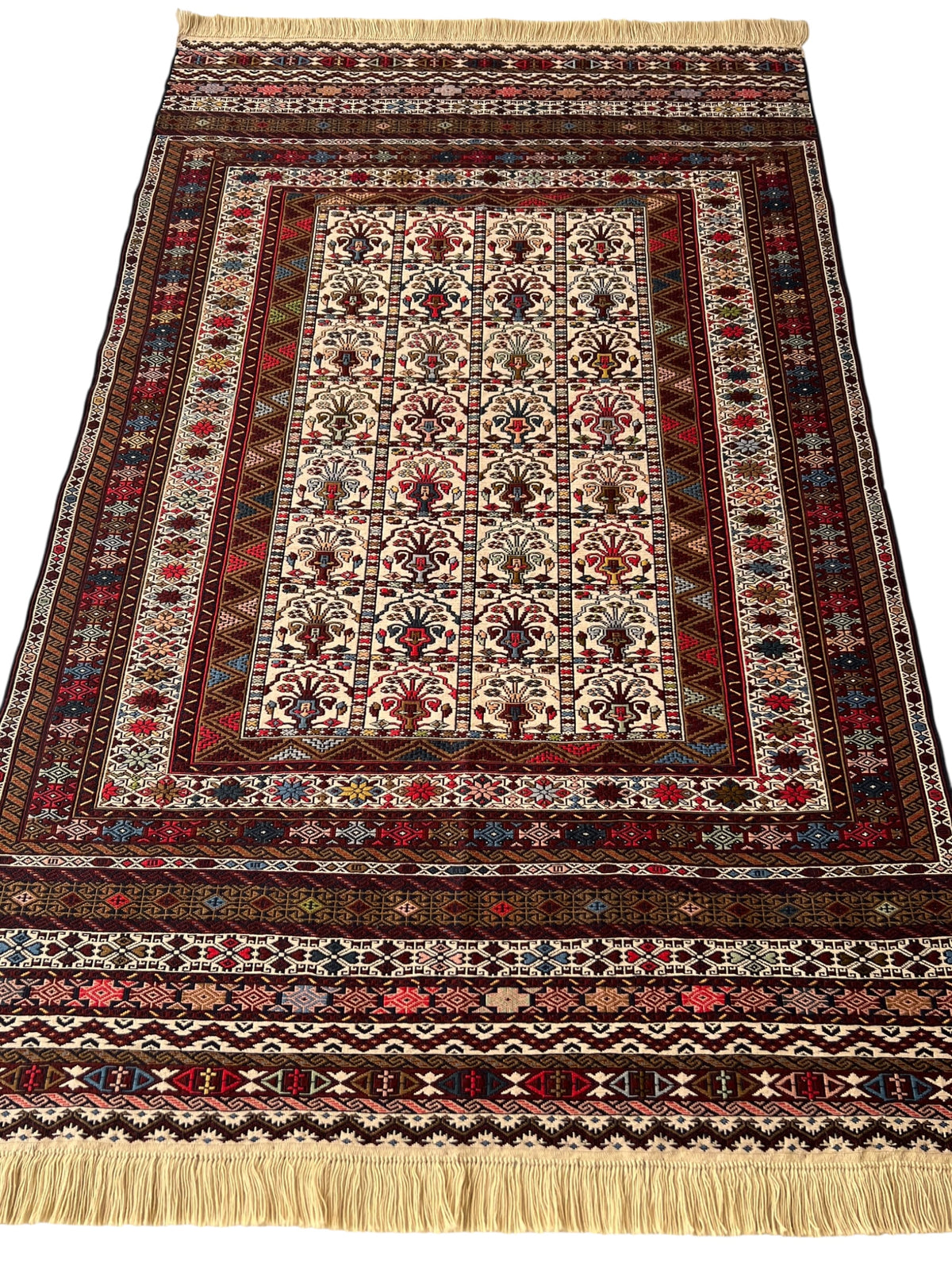 Kilim Tribal Rug 4x7 | Ivory, Brown, Burgundy & Red | Hand-Woven Wool Flatweave