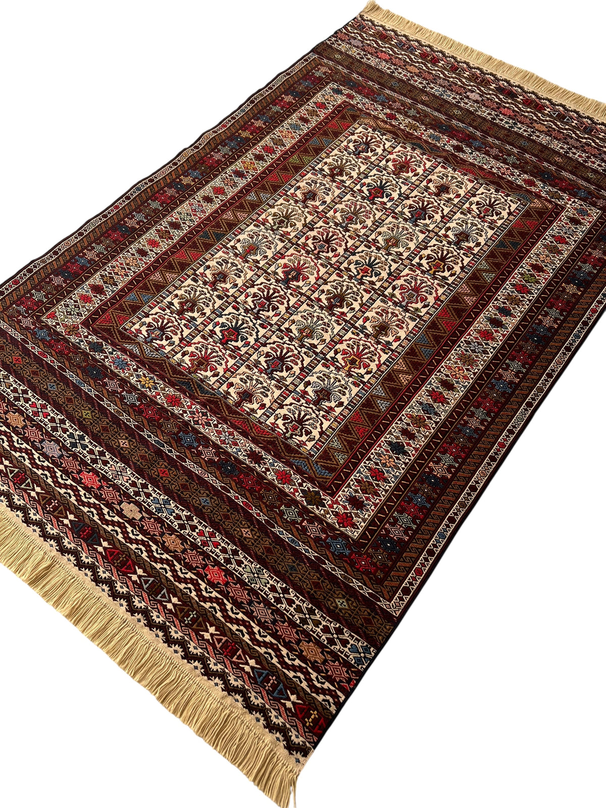 Kilim Tribal Rug 4x7 | Ivory, Brown, Burgundy & Red | Hand-Woven Wool Flatweave