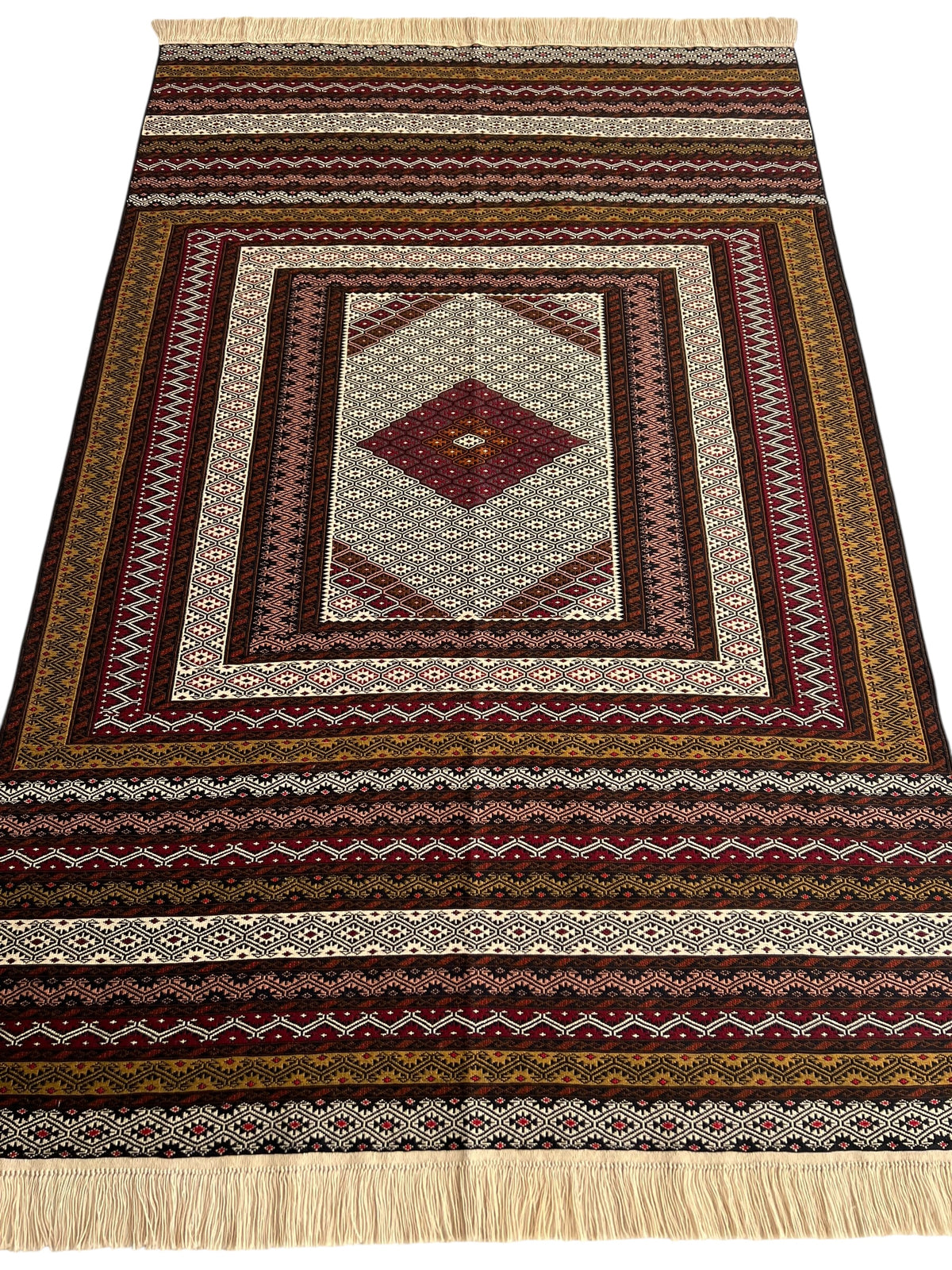 Kilim Rug 4x7 | Burgundy, Brown & Cream | Hand-Woven Wool Flatweave