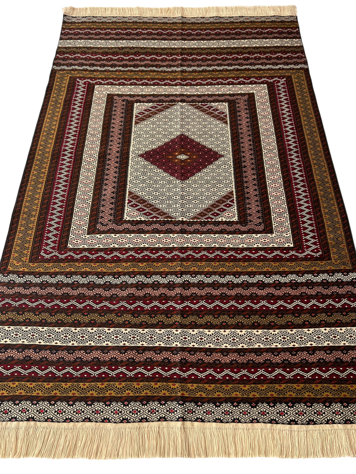 Kilim Rug 4x7 | Burgundy, Brown & Cream | Hand-Woven Wool Flatweave
