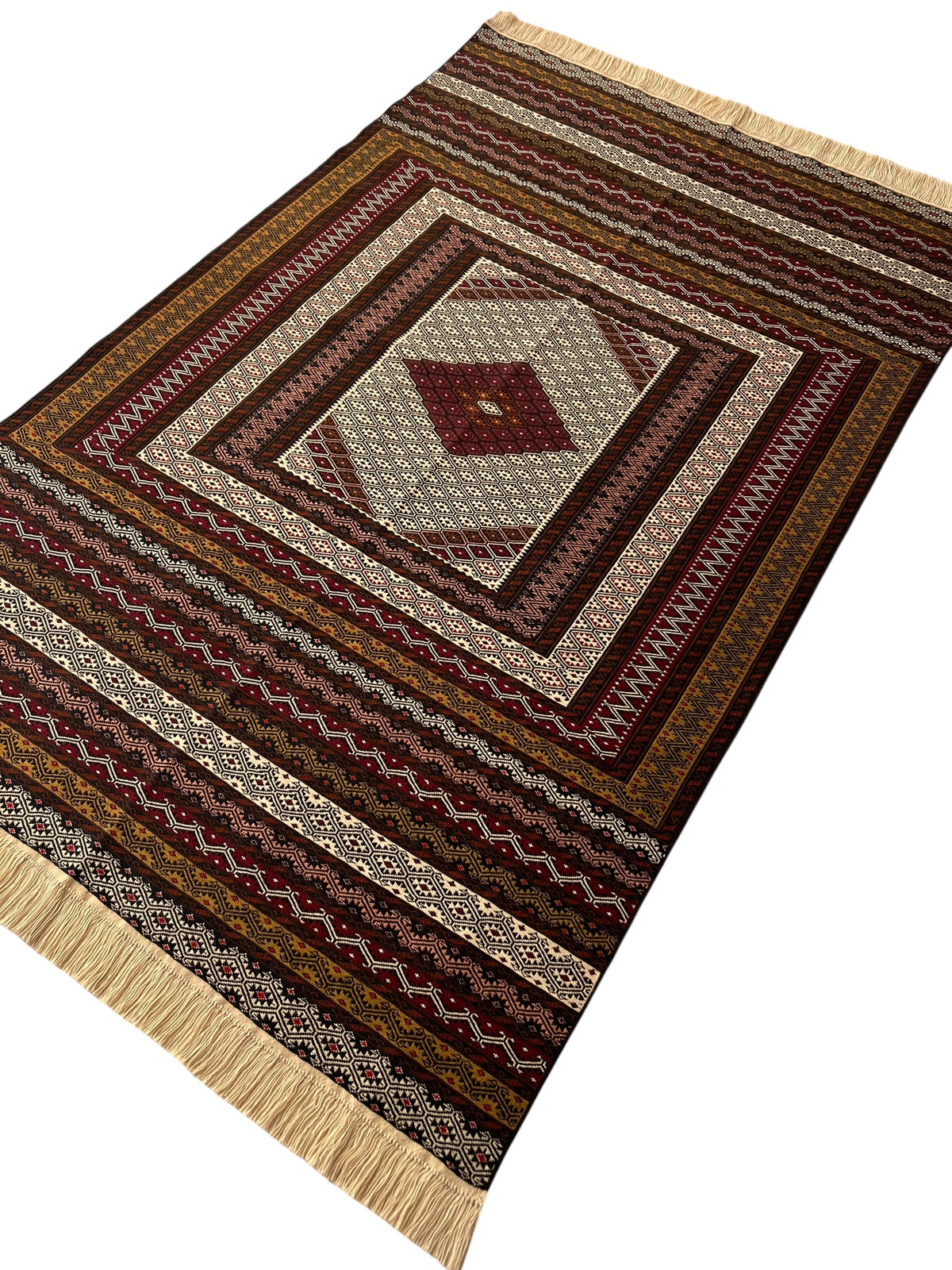 Kilim Rug 4x7 | Burgundy, Brown & Cream | Hand-Woven Wool Flatweave