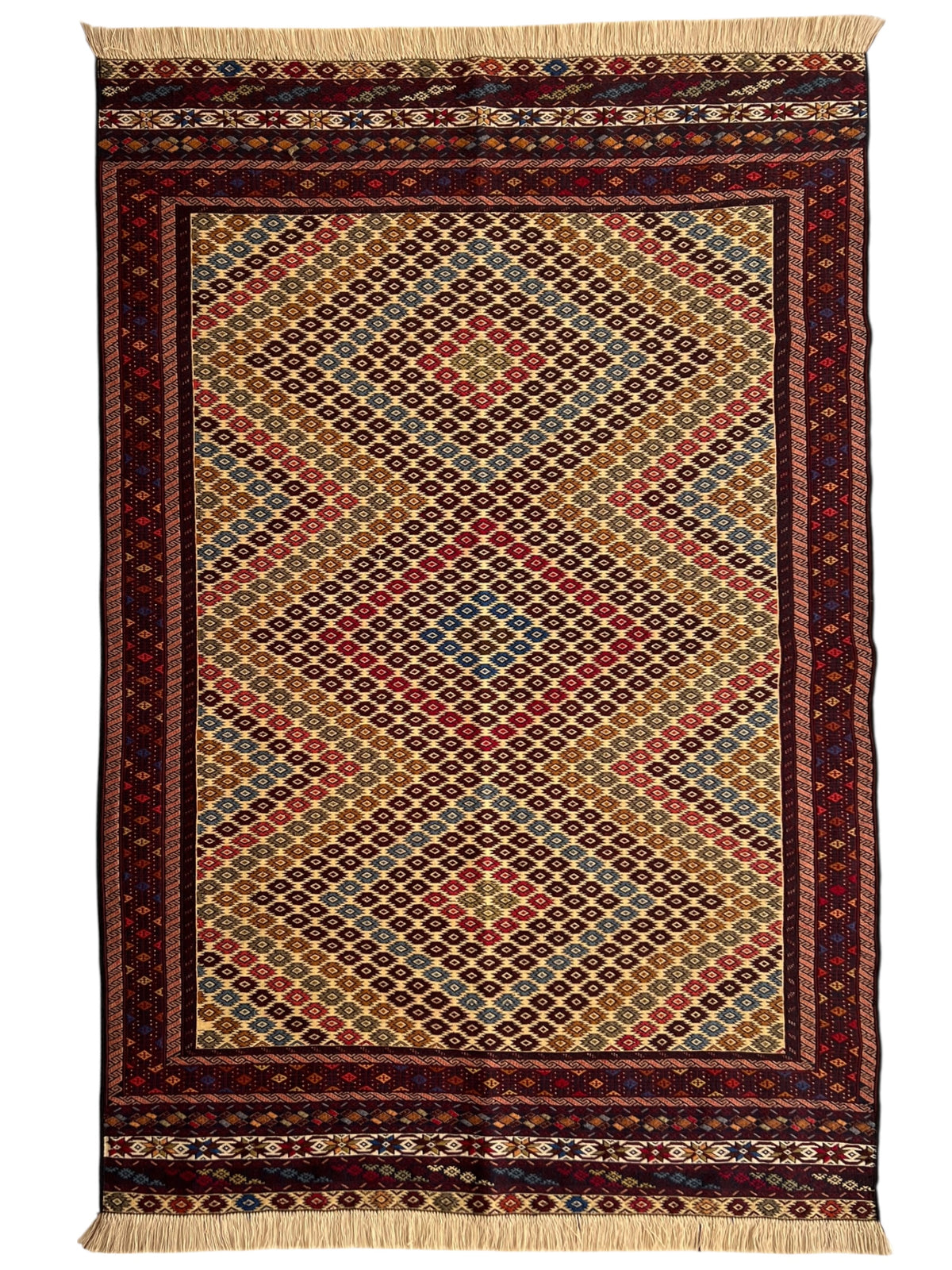 Kilim Rug 4x7 | Gold, Burgundy & Red | Hand-Woven Wool Flatweave
