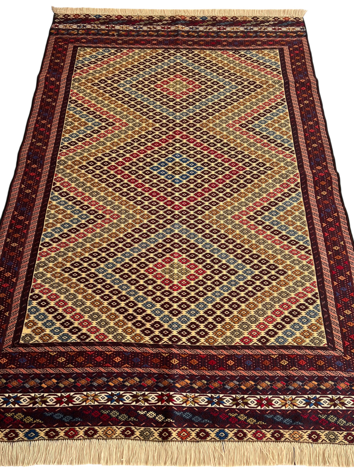 Kilim Rug 4x7 | Gold, Burgundy & Red | Hand-Woven Wool Flatweave