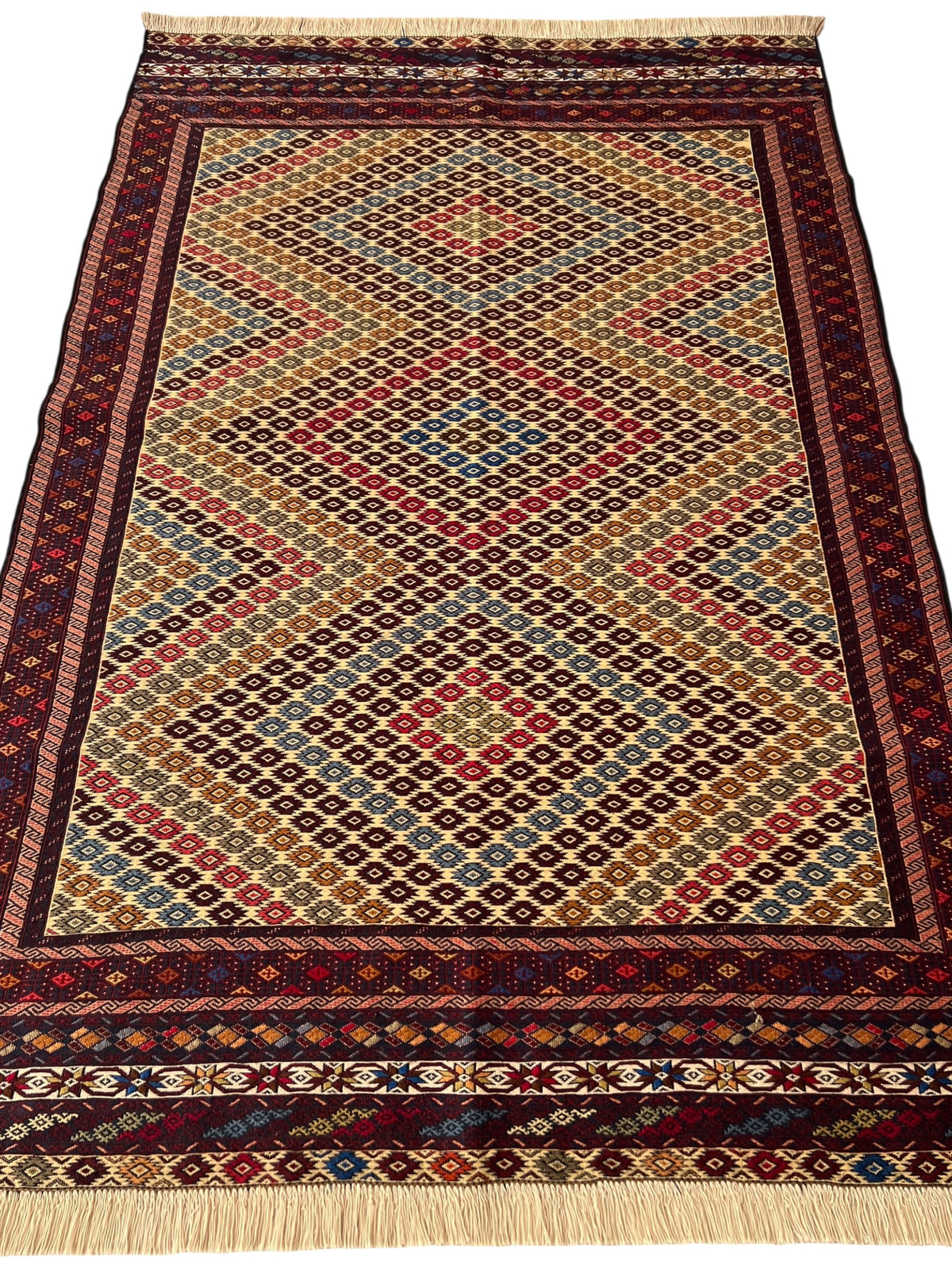 Kilim Rug 4x7 | Gold, Burgundy & Red | Hand-Woven Wool Flatweave