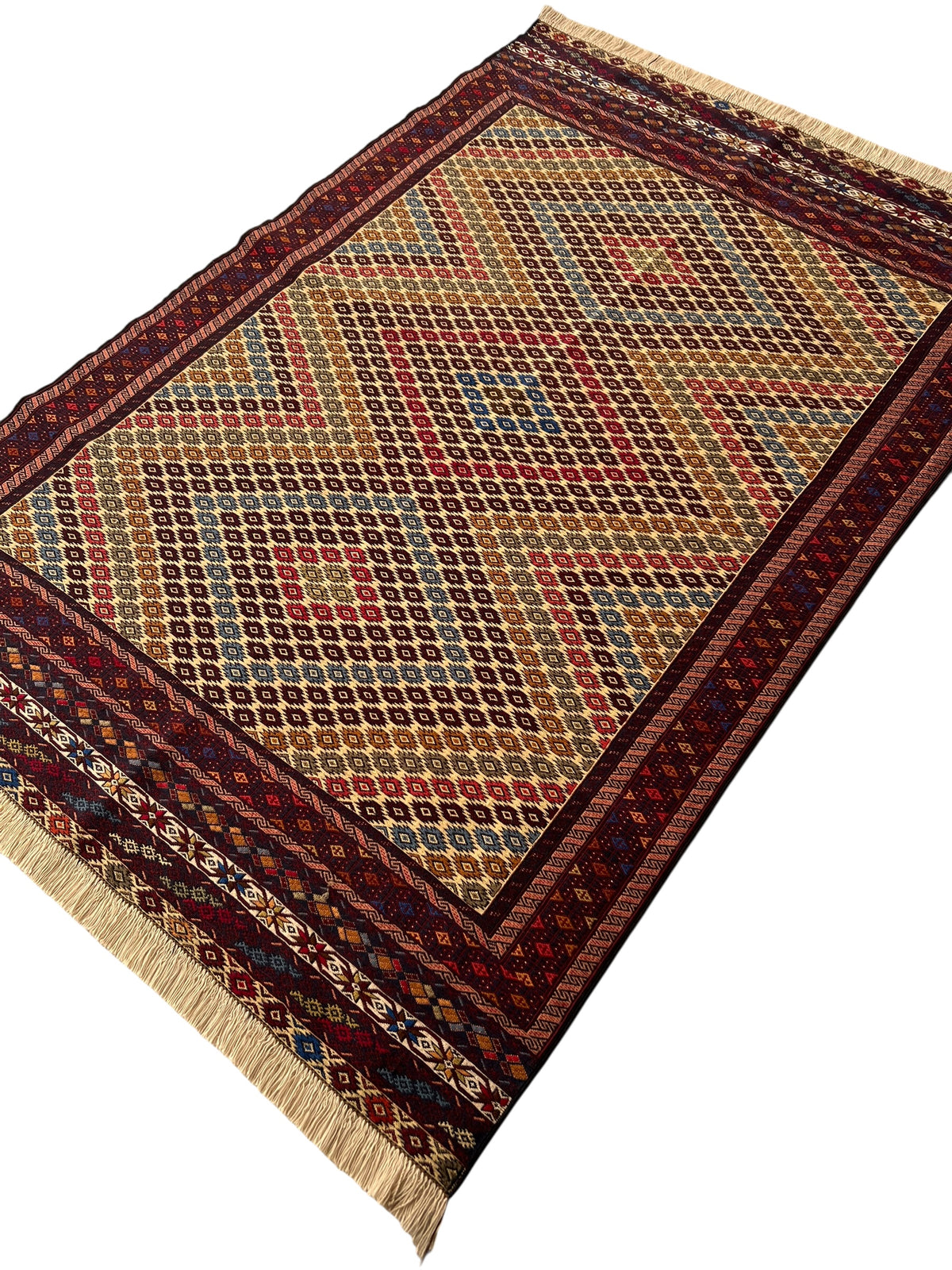 Kilim Rug 4x7 | Gold, Burgundy & Red | Hand-Woven Wool Flatweave