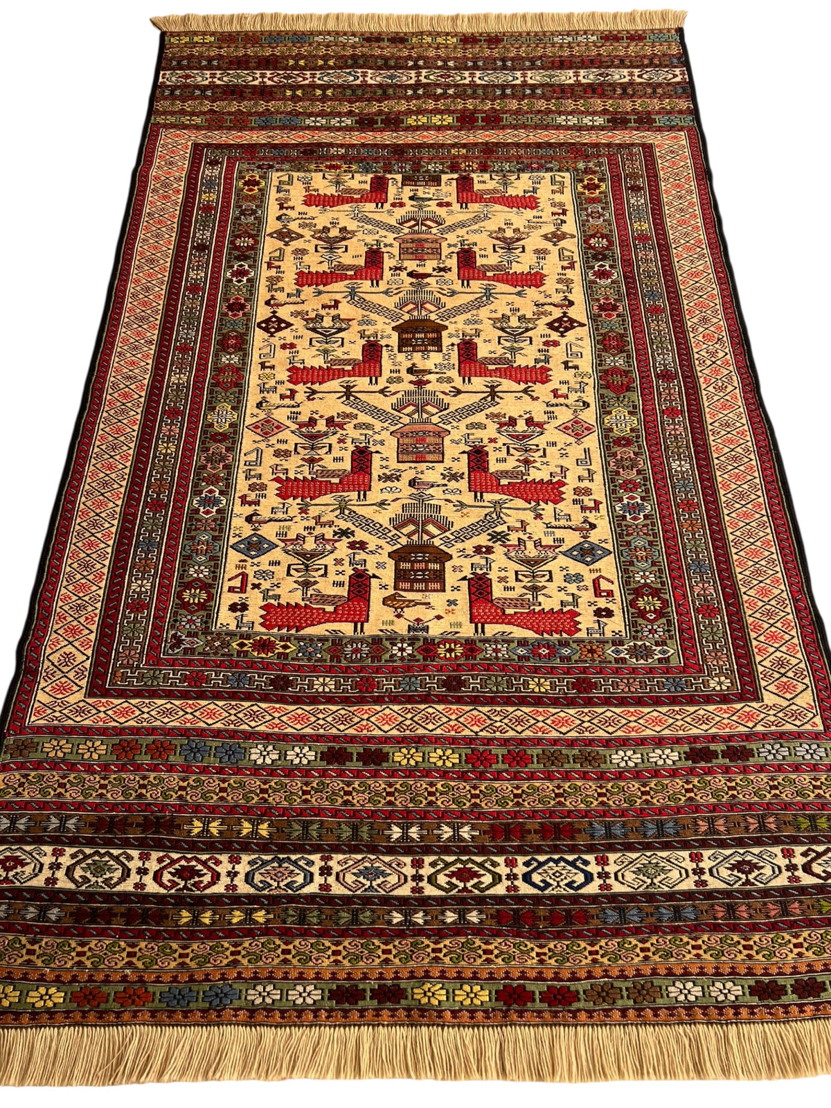 Kilim Rug 4x6 | Red, Ivory & Brown | Hand-Woven Wool Flatweave