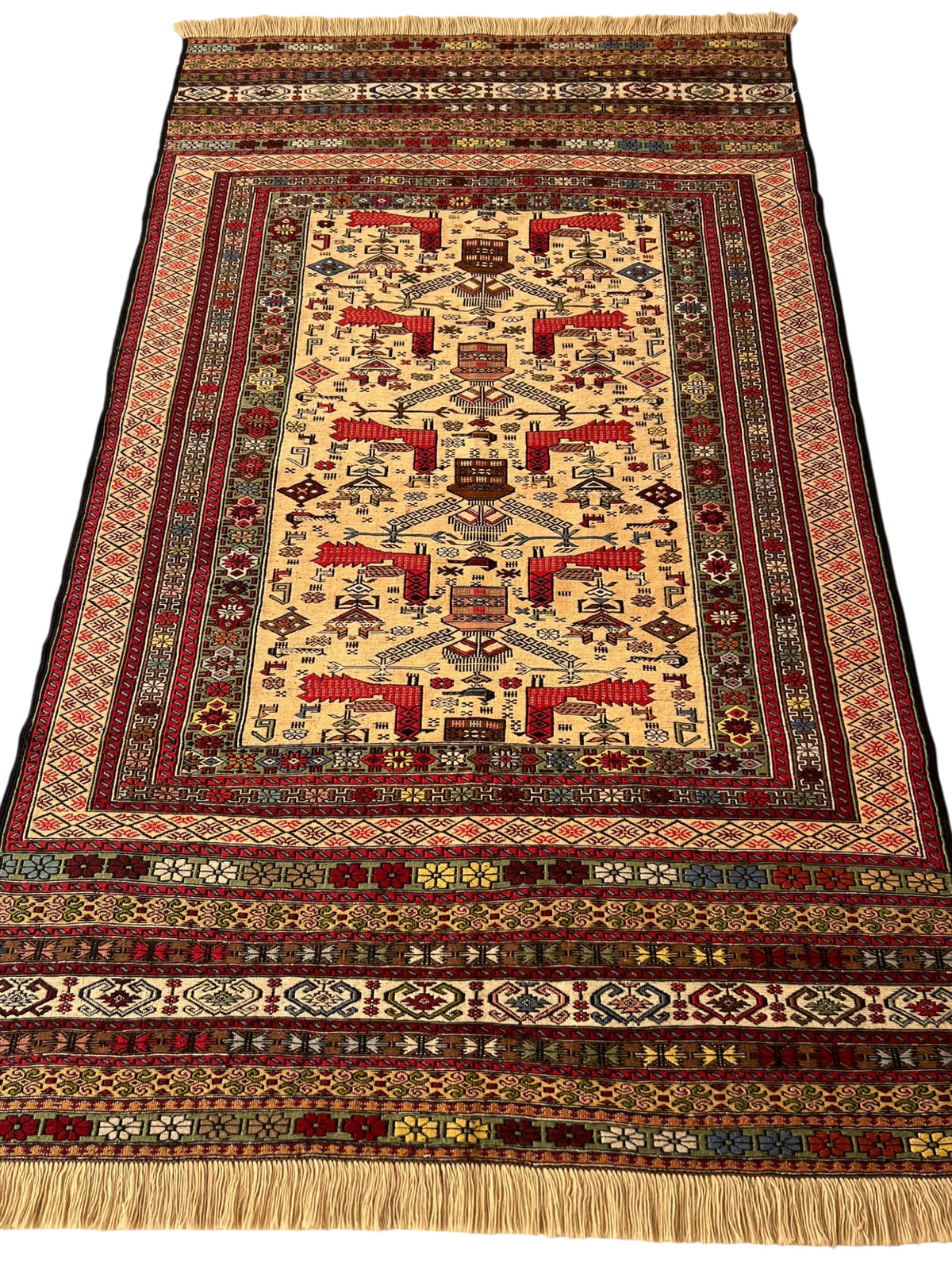 Kilim Rug 4x6 | Red, Ivory & Brown | Hand-Woven Wool Flatweave