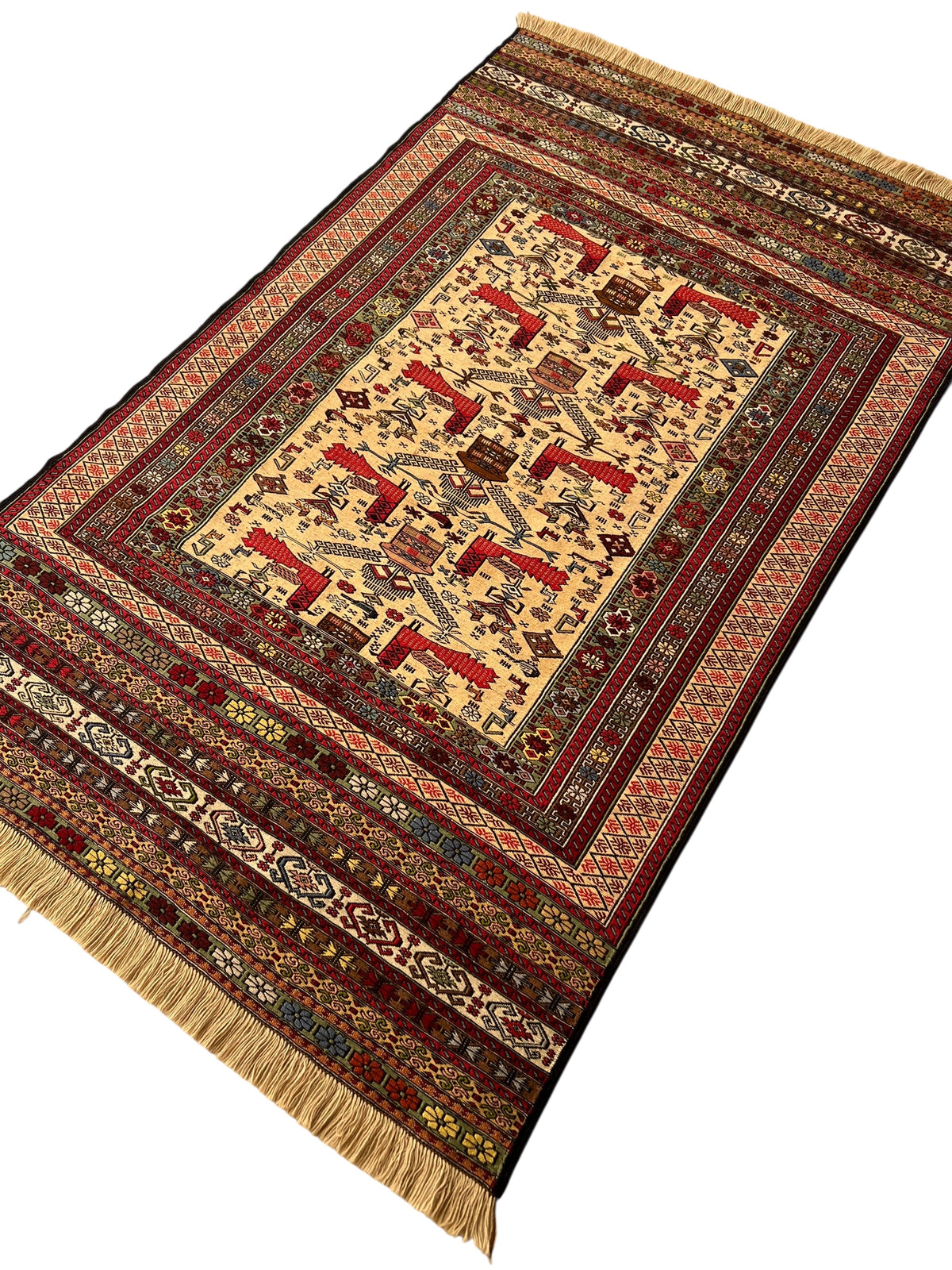 Kilim Rug 4x6 | Red, Ivory & Brown | Hand-Woven Wool Flatweave