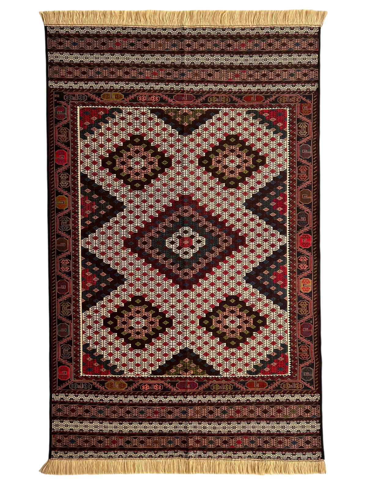 Kilim Rug 4x6 | Ivory, Brown & Red | Hand-Woven Wool Flatweave