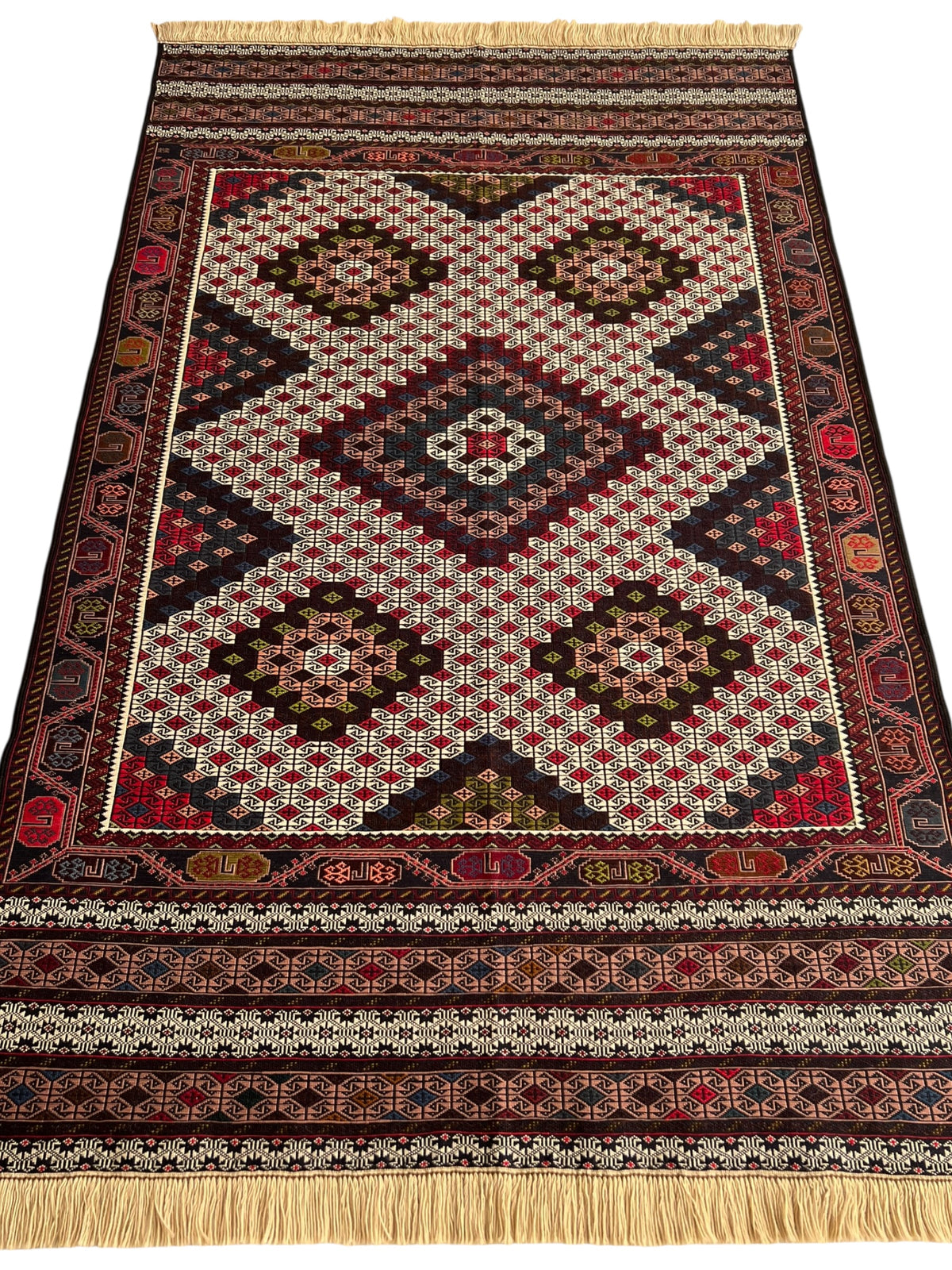 Kilim Rug 4x6 | Ivory, Brown & Red | Hand-Woven Wool Flatweave