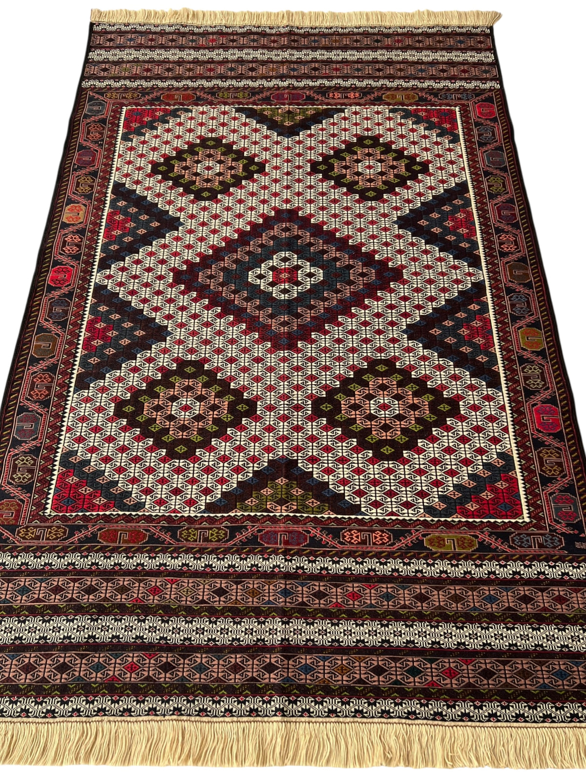 Kilim Rug 4x6 | Ivory, Brown & Red | Hand-Woven Wool Flatweave