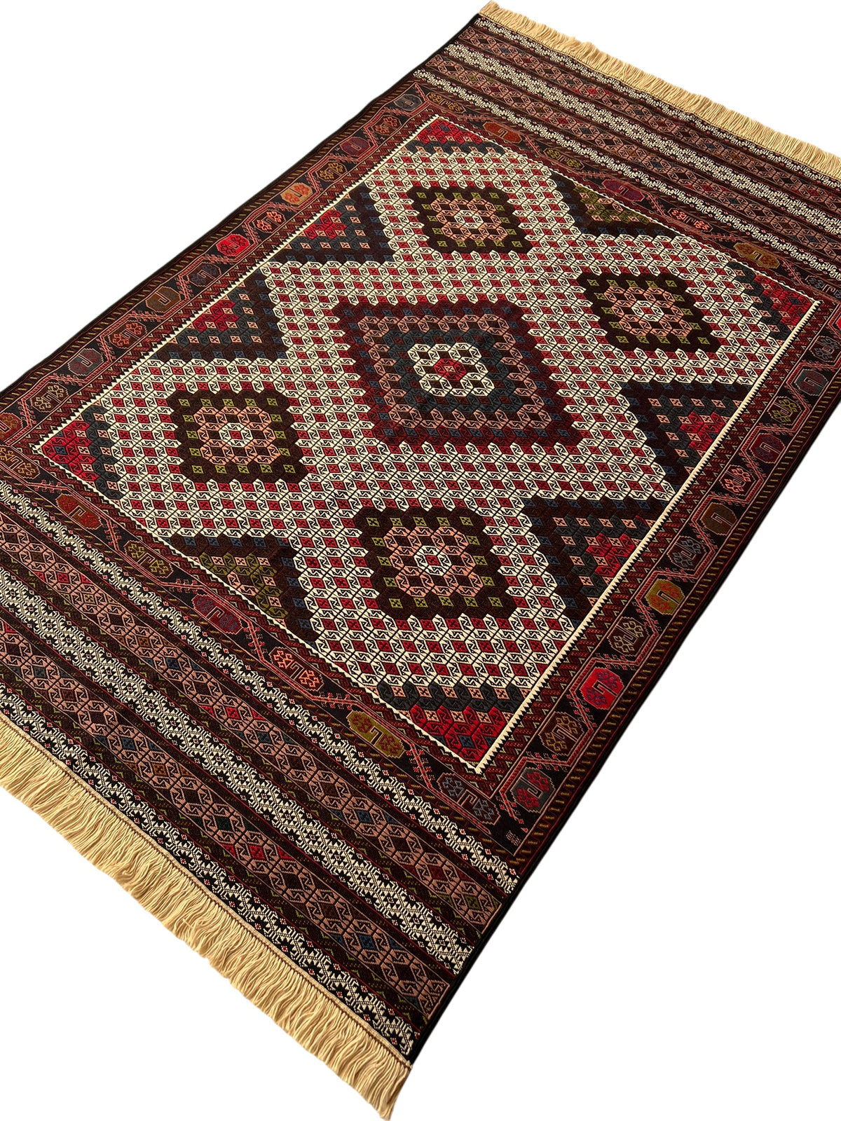 Kilim Rug 4x6 | Ivory, Brown & Red | Hand-Woven Wool Flatweave