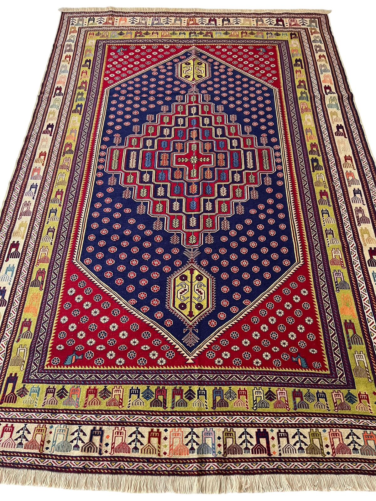 Oriental Rug 6x10 | Navy, Red & Gold | Flatweave Wool