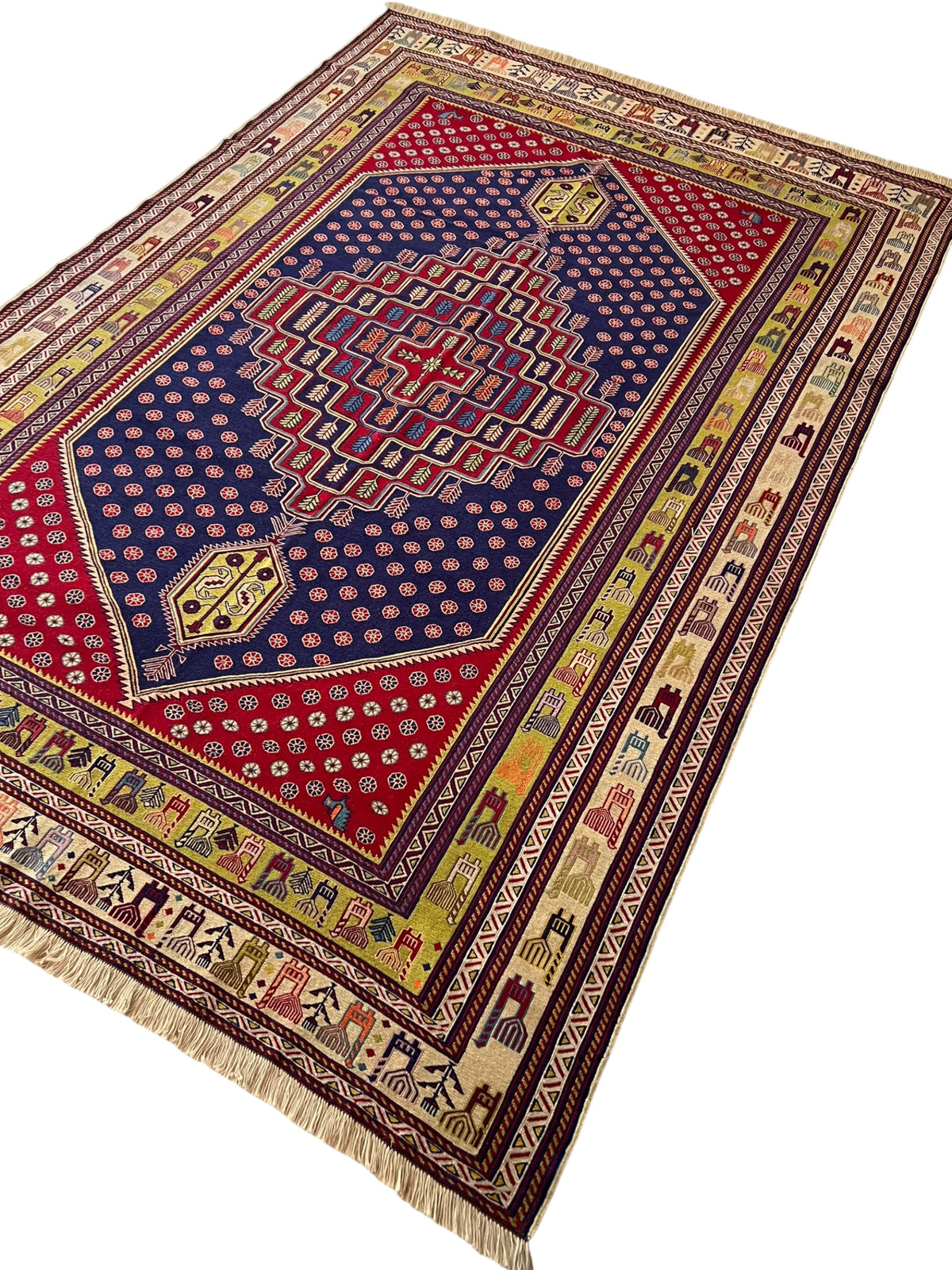 Oriental Rug 6x10 | Navy, Red & Gold | Flatweave Wool