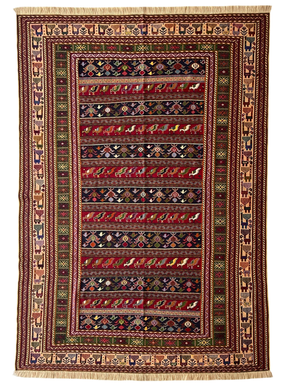 Oriental Rug 7x10 | Red, Navy & Brown | Flatweave Wool