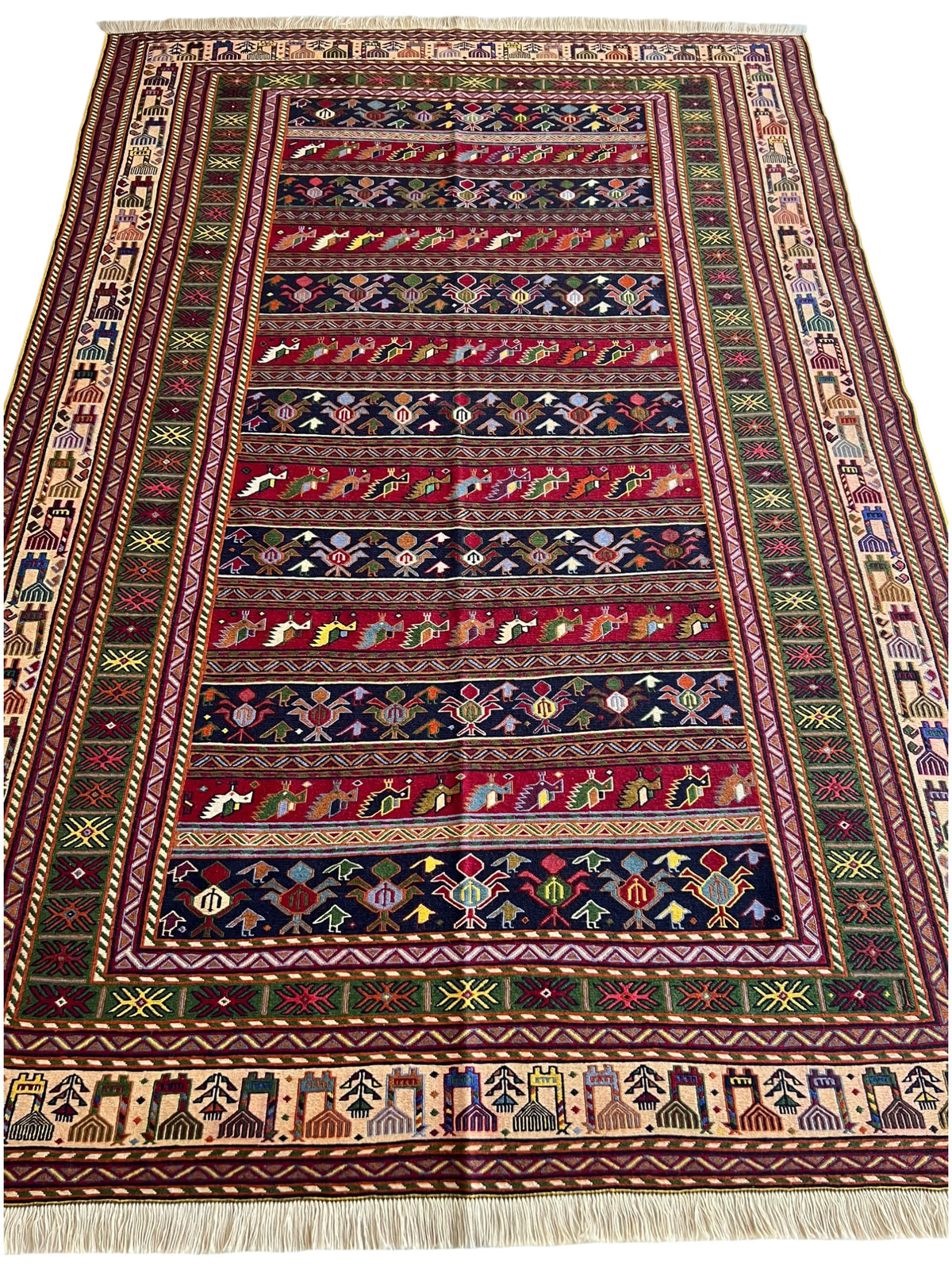 Oriental Rug 7x10 | Red, Navy & Brown | Flatweave Wool