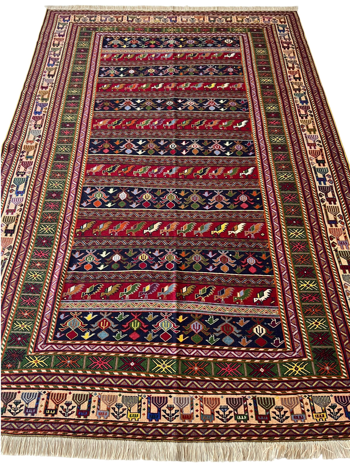 Oriental Rug 7x10 | Red, Navy & Brown | Flatweave Wool