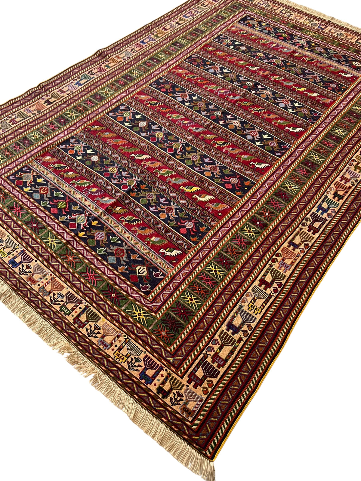 Oriental Rug 7x10 | Red, Navy & Brown | Flatweave Wool