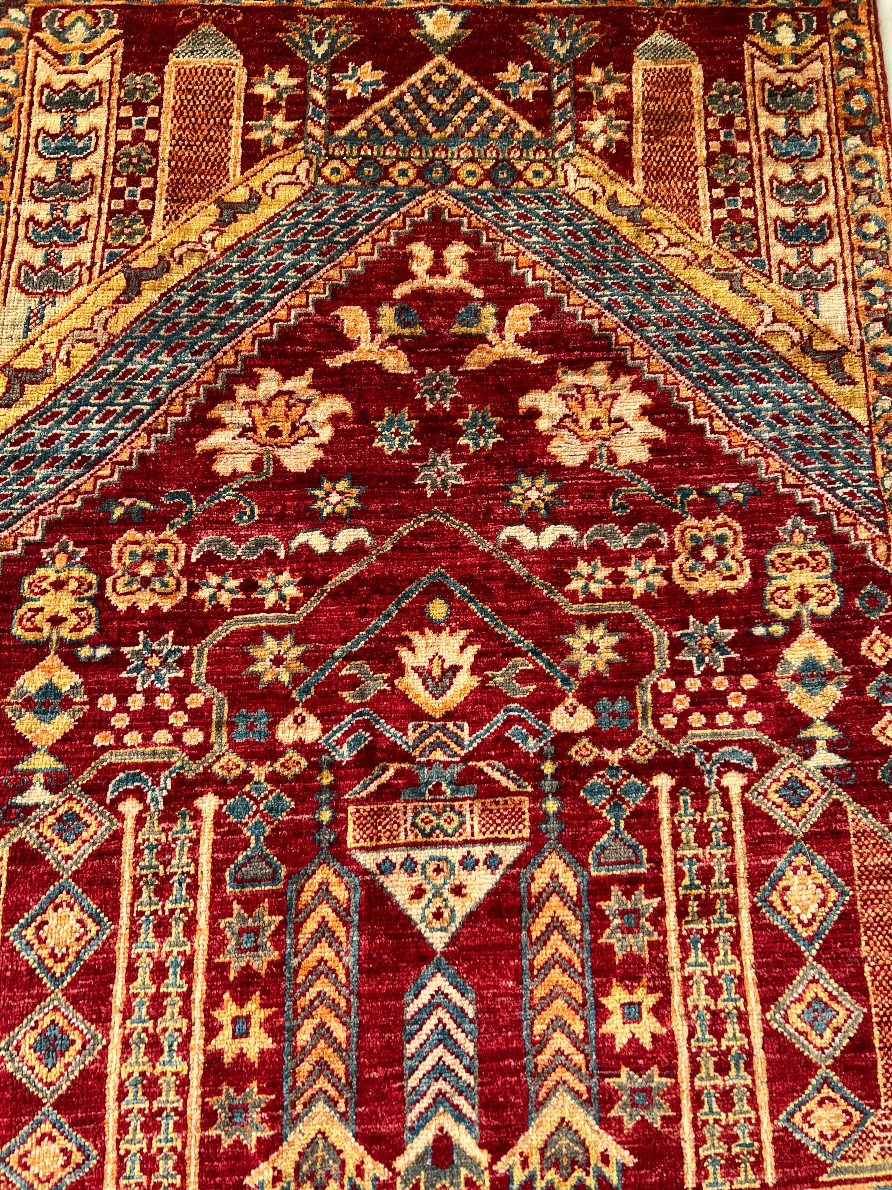 Prayer Rug 3x4 | Red, Gold & Blue | Hand-Knotted Wool