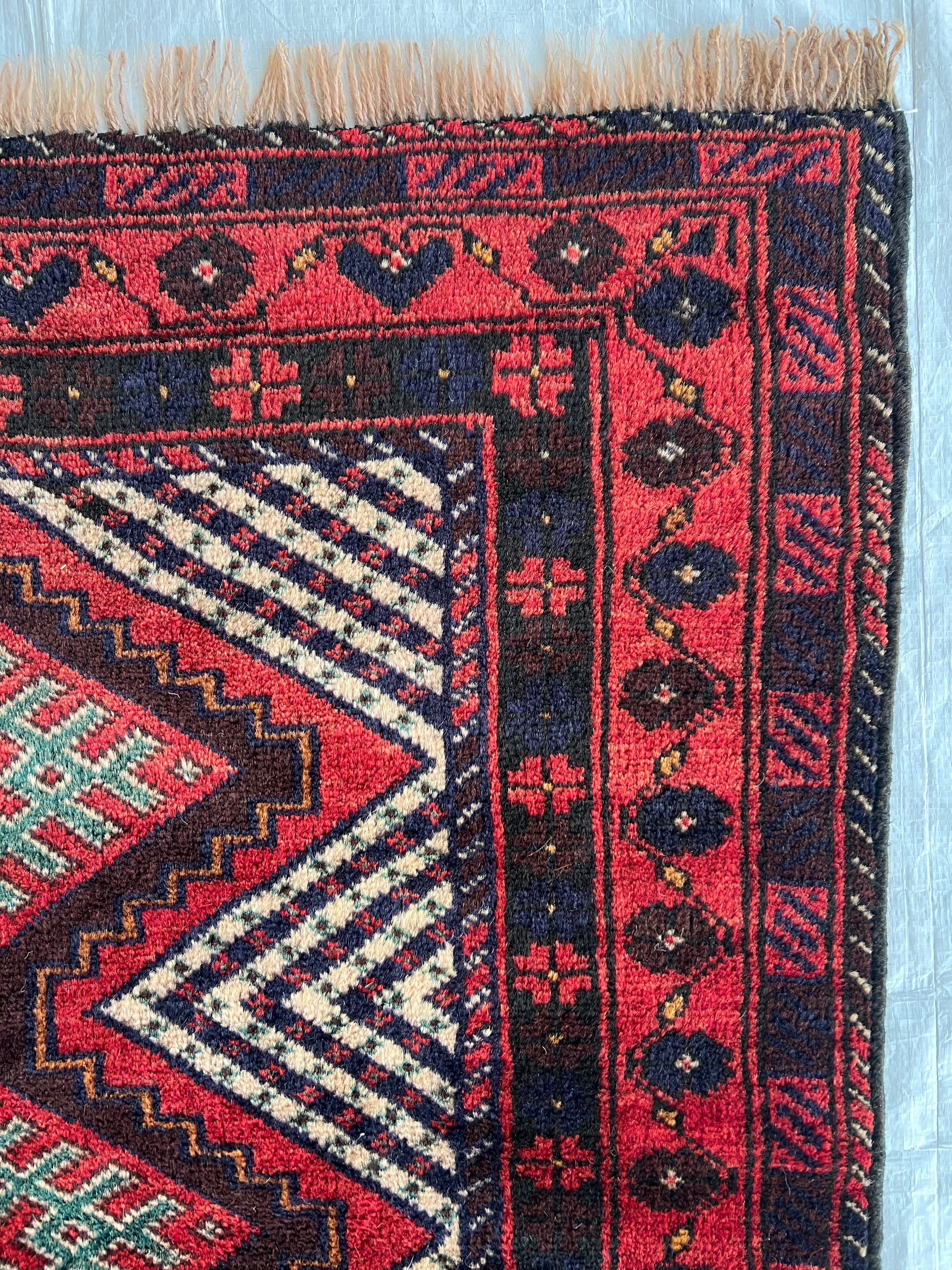 Oriental Rug 3x6 | Red, Navy & Ivory | Hand-Knotted Wool