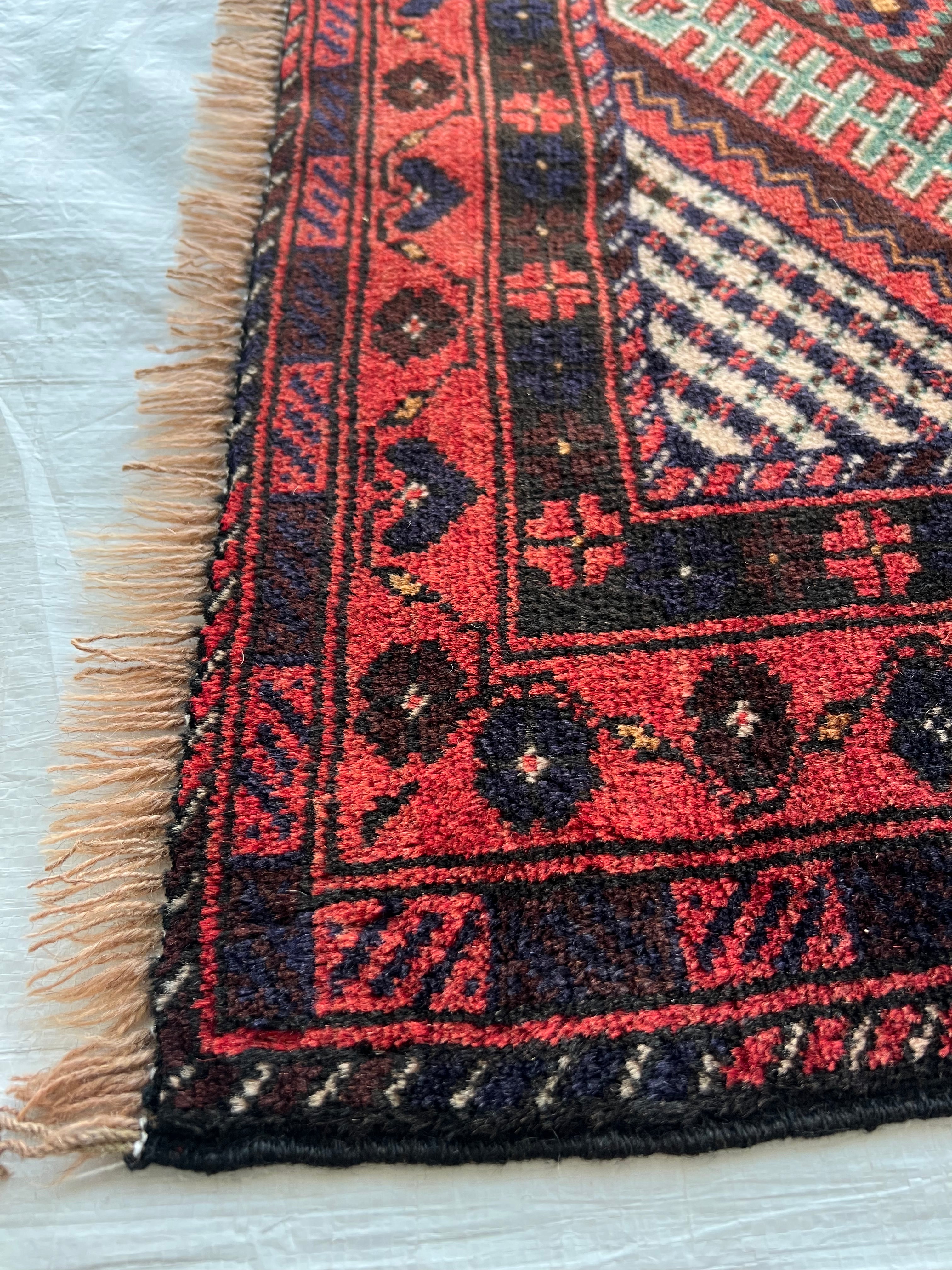 Oriental Rug 3x6 | Red, Navy & Ivory | Hand-Knotted Wool