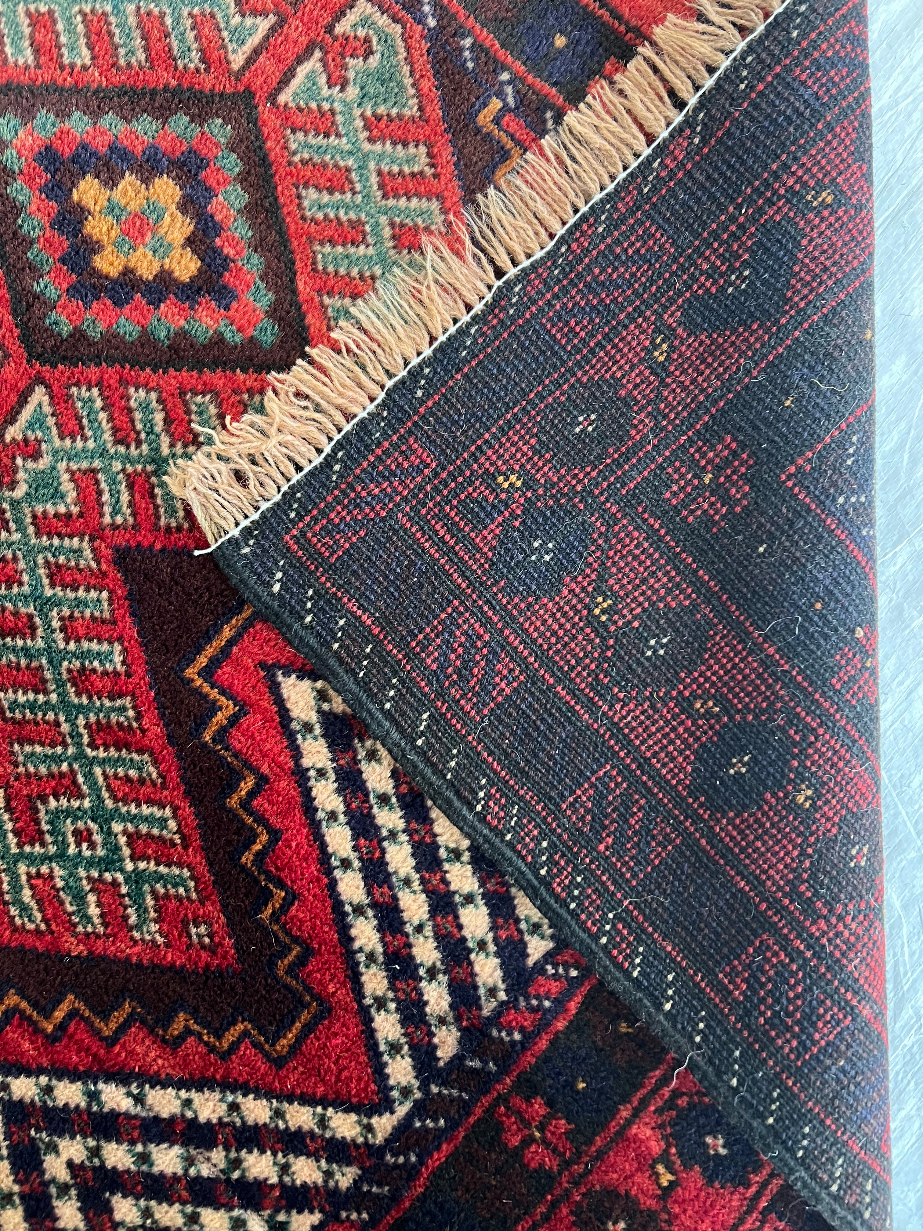 Oriental Rug 3x6 | Red, Navy & Ivory | Hand-Knotted Wool