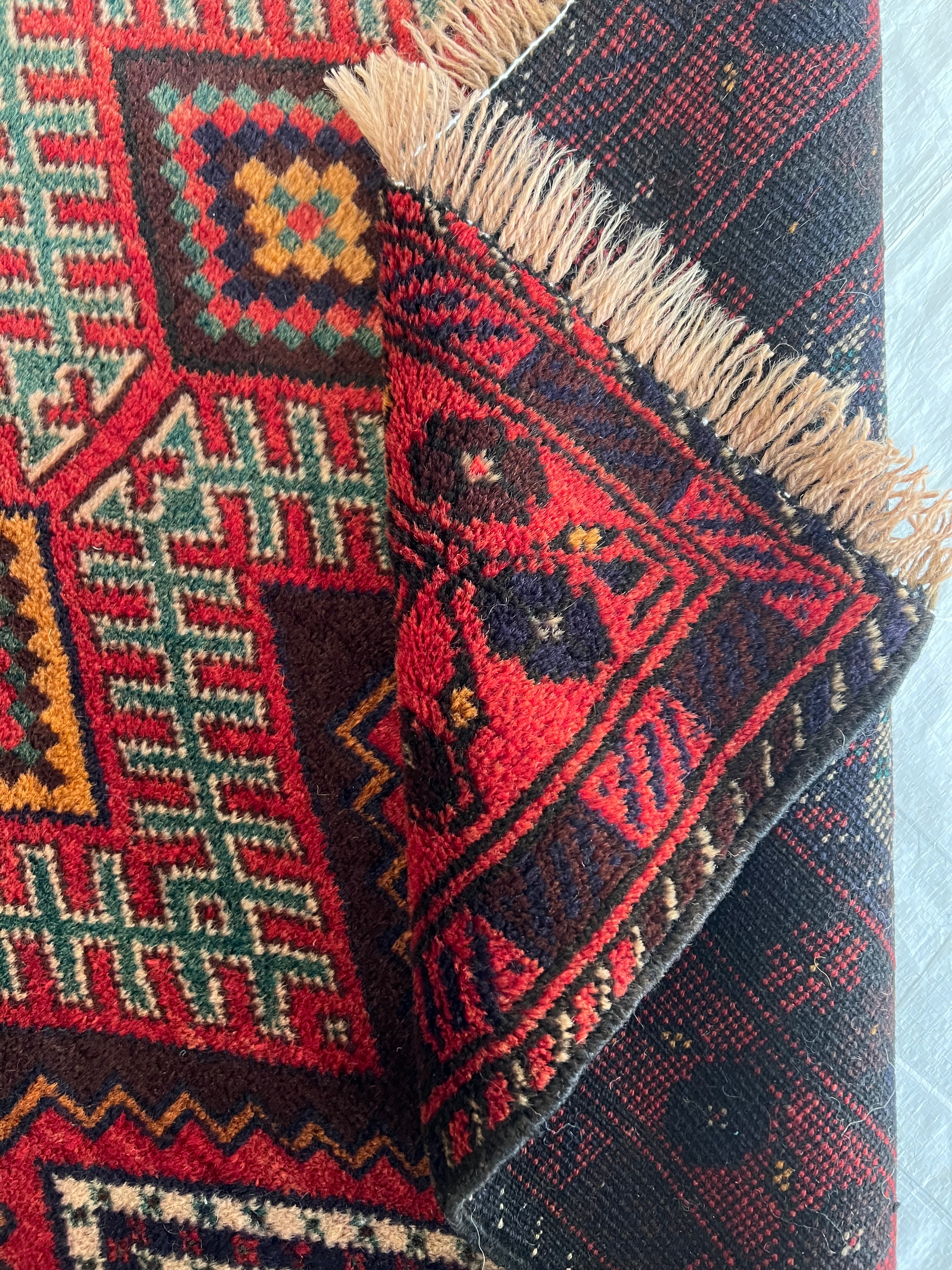 Oriental Rug 3x6 | Red, Navy & Ivory | Hand-Knotted Wool
