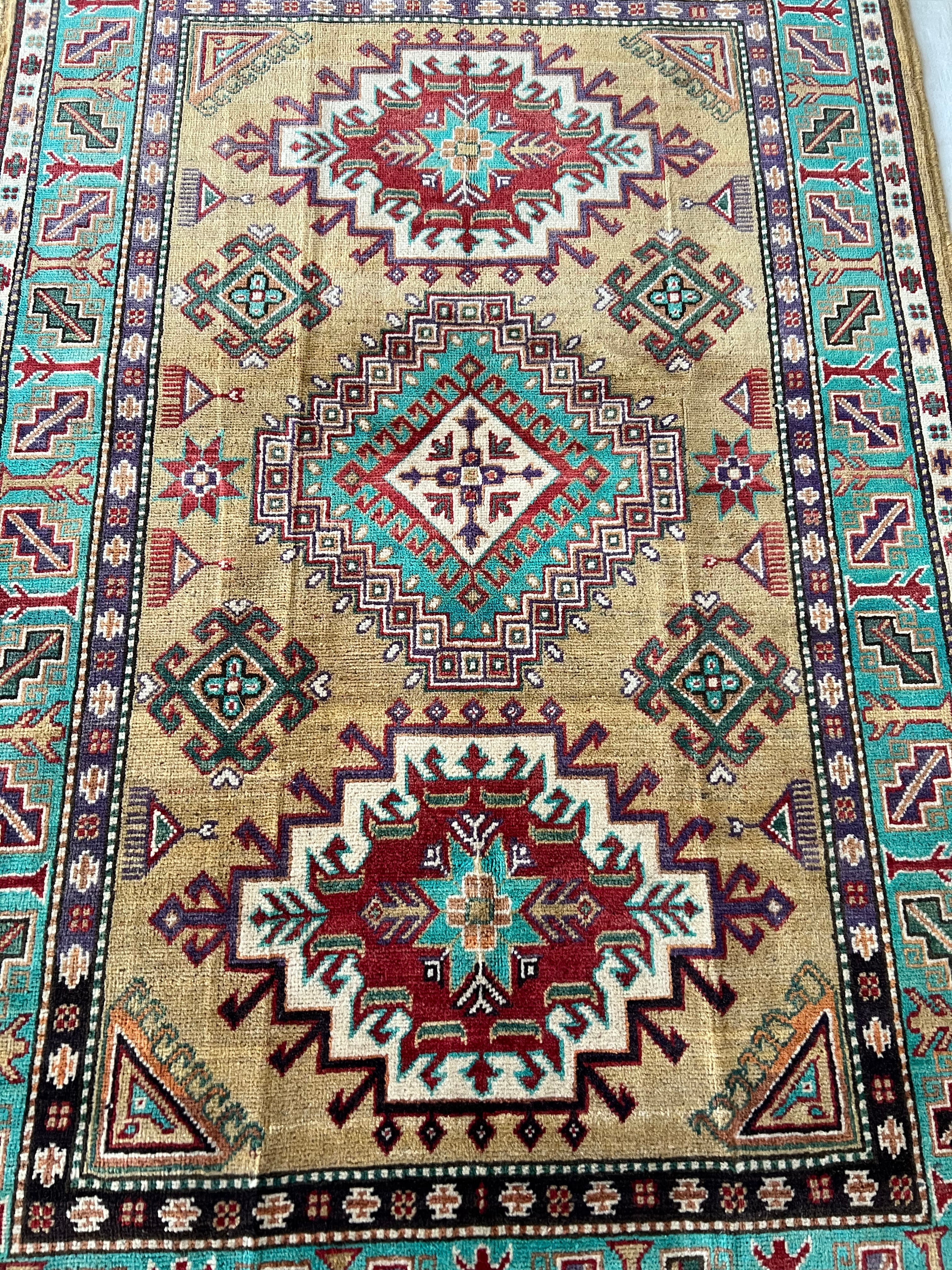 Kazak Rug 4x6 | Gold, Teal & Red | Hand-Knotted Wool