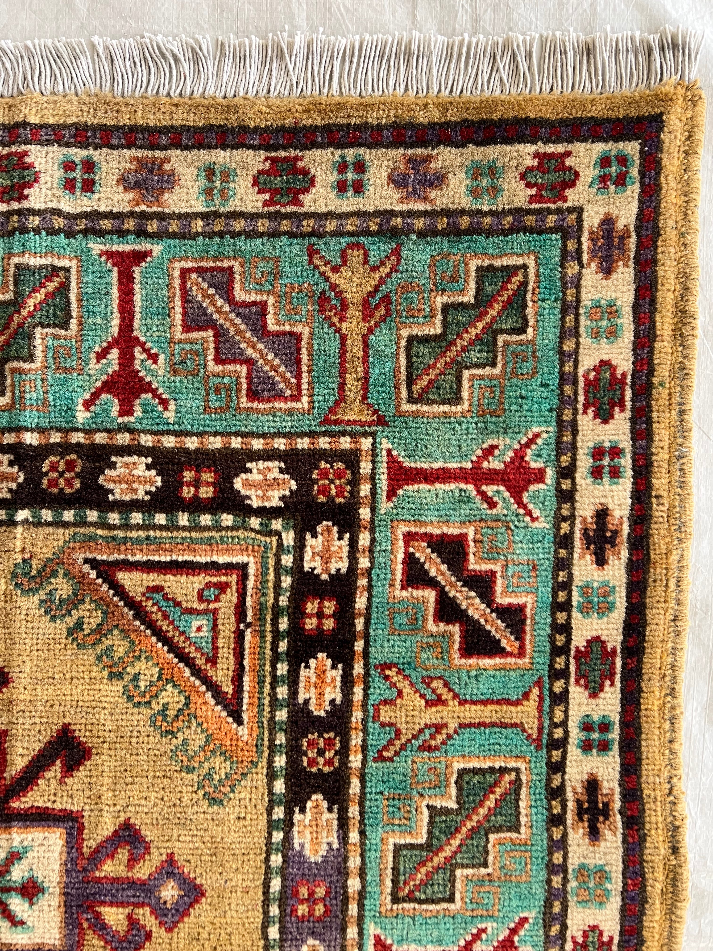 Kazak Rug 4x6 | Gold, Teal & Red | Hand-Knotted Wool