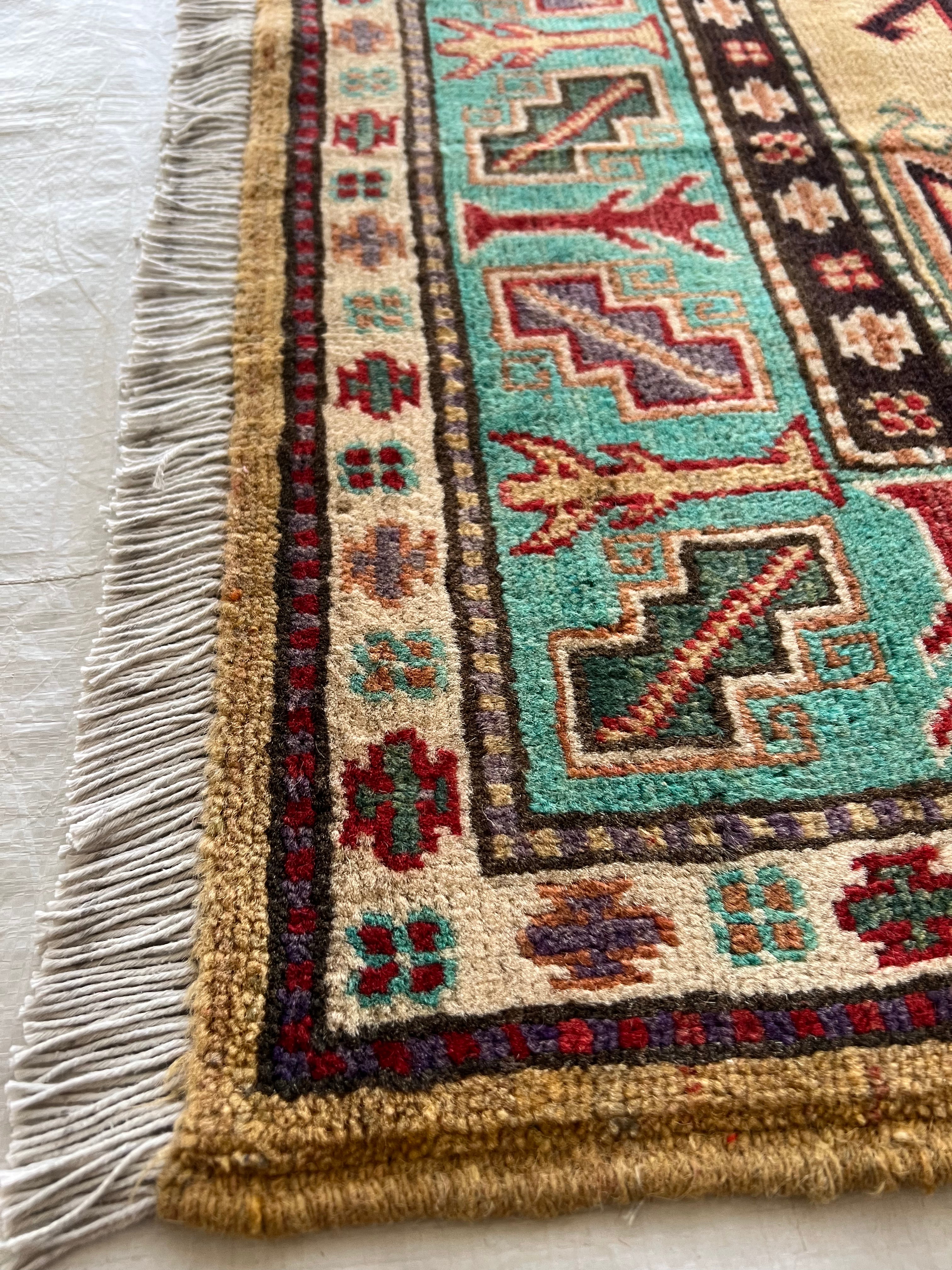 Kazak Rug 4x6 | Gold, Teal & Red | Hand-Knotted Wool