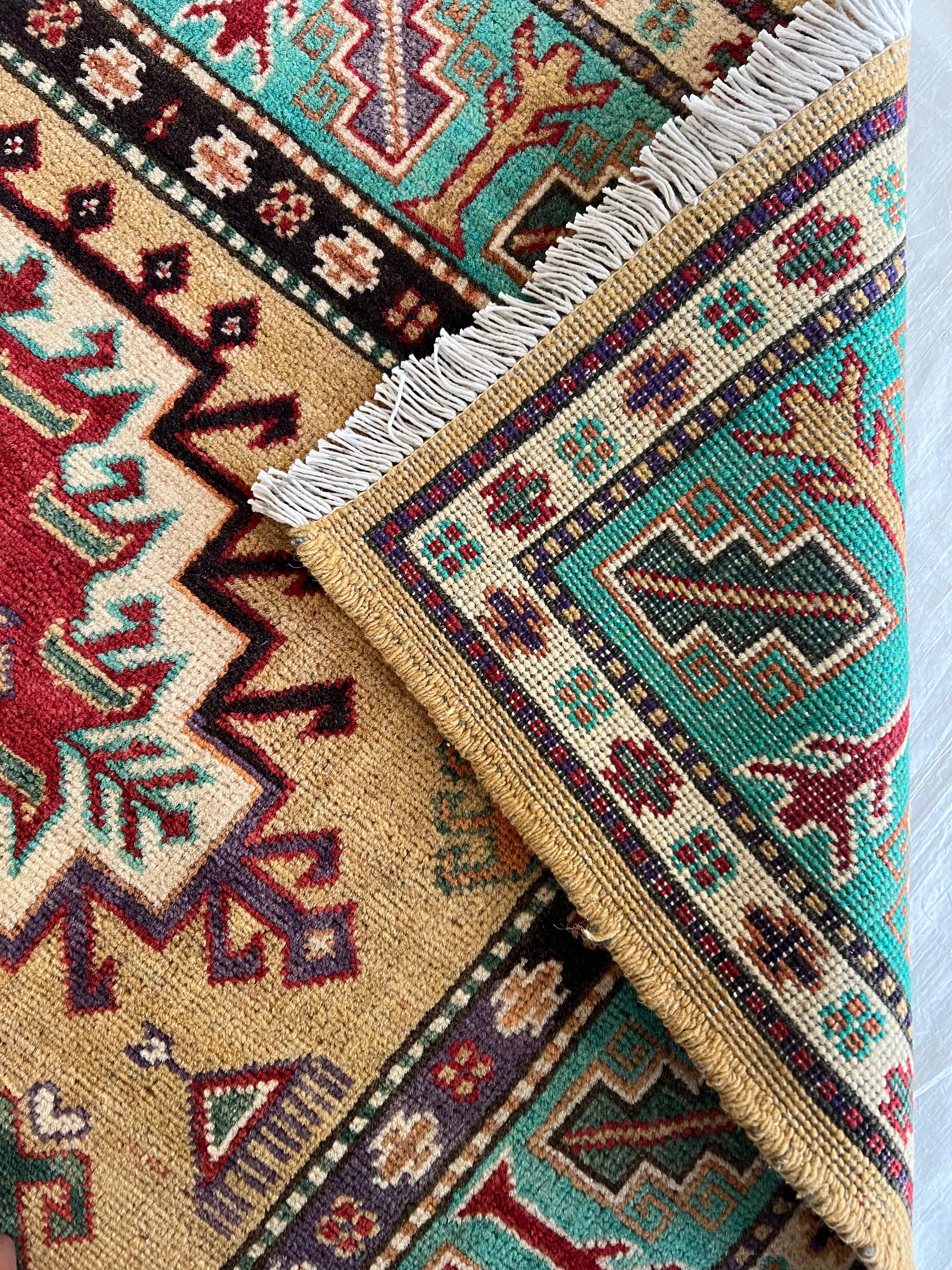 Kazak Rug 4x6 | Gold, Teal & Red | Hand-Knotted Wool