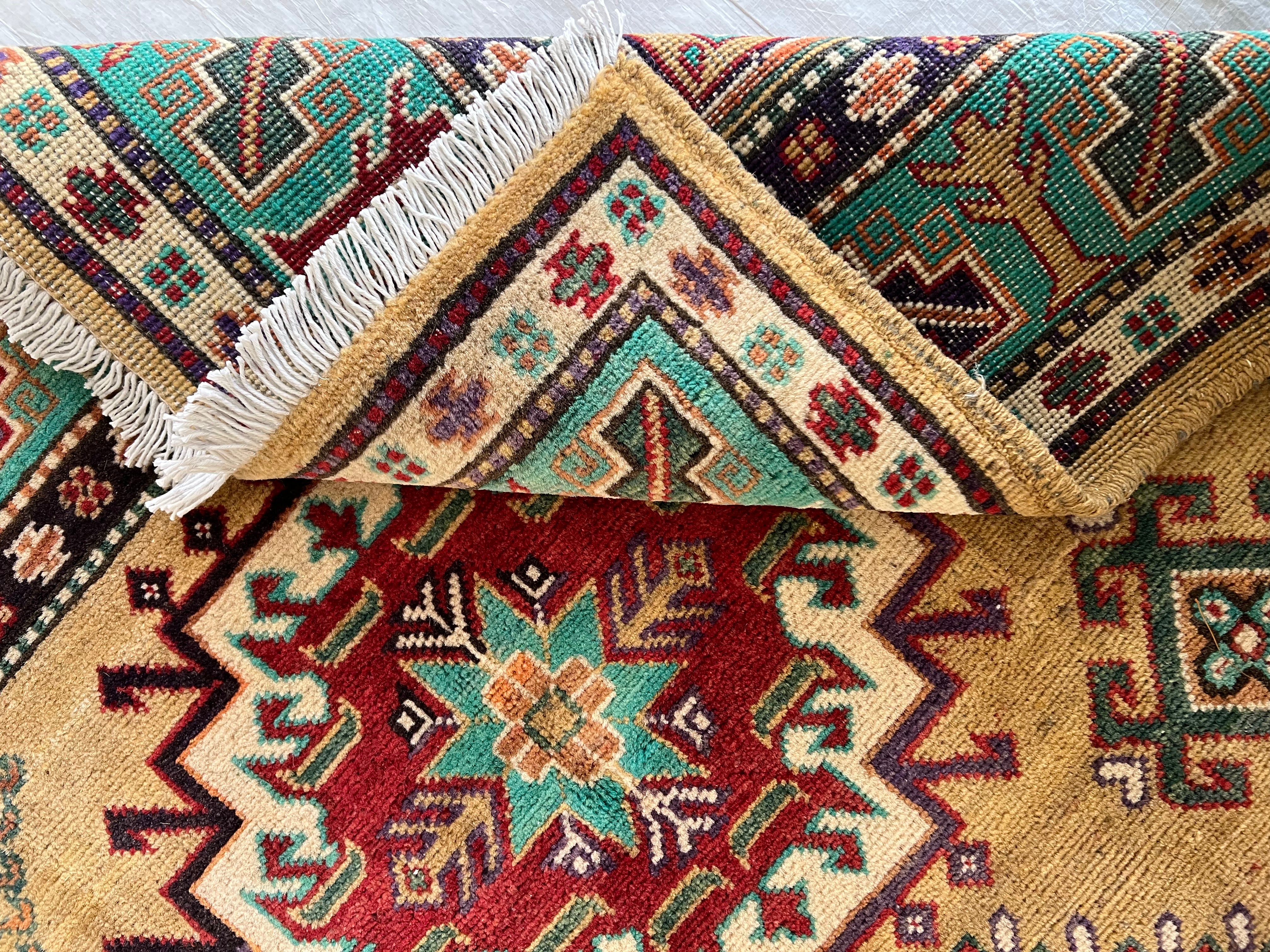 Kazak Rug 4x6 | Gold, Teal & Red | Hand-Knotted Wool