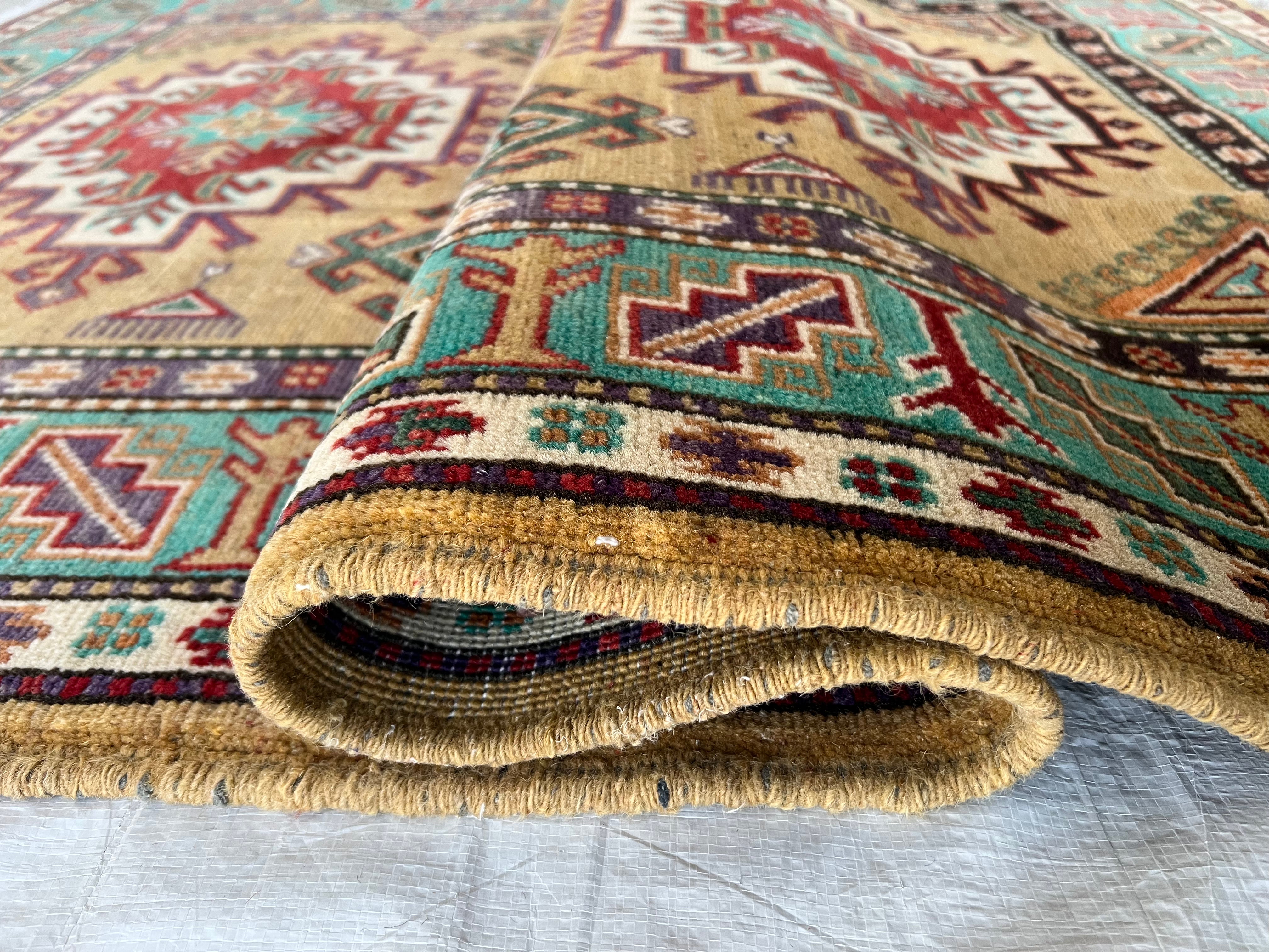 Kazak Rug 4x6 | Gold, Teal & Red | Hand-Knotted Wool