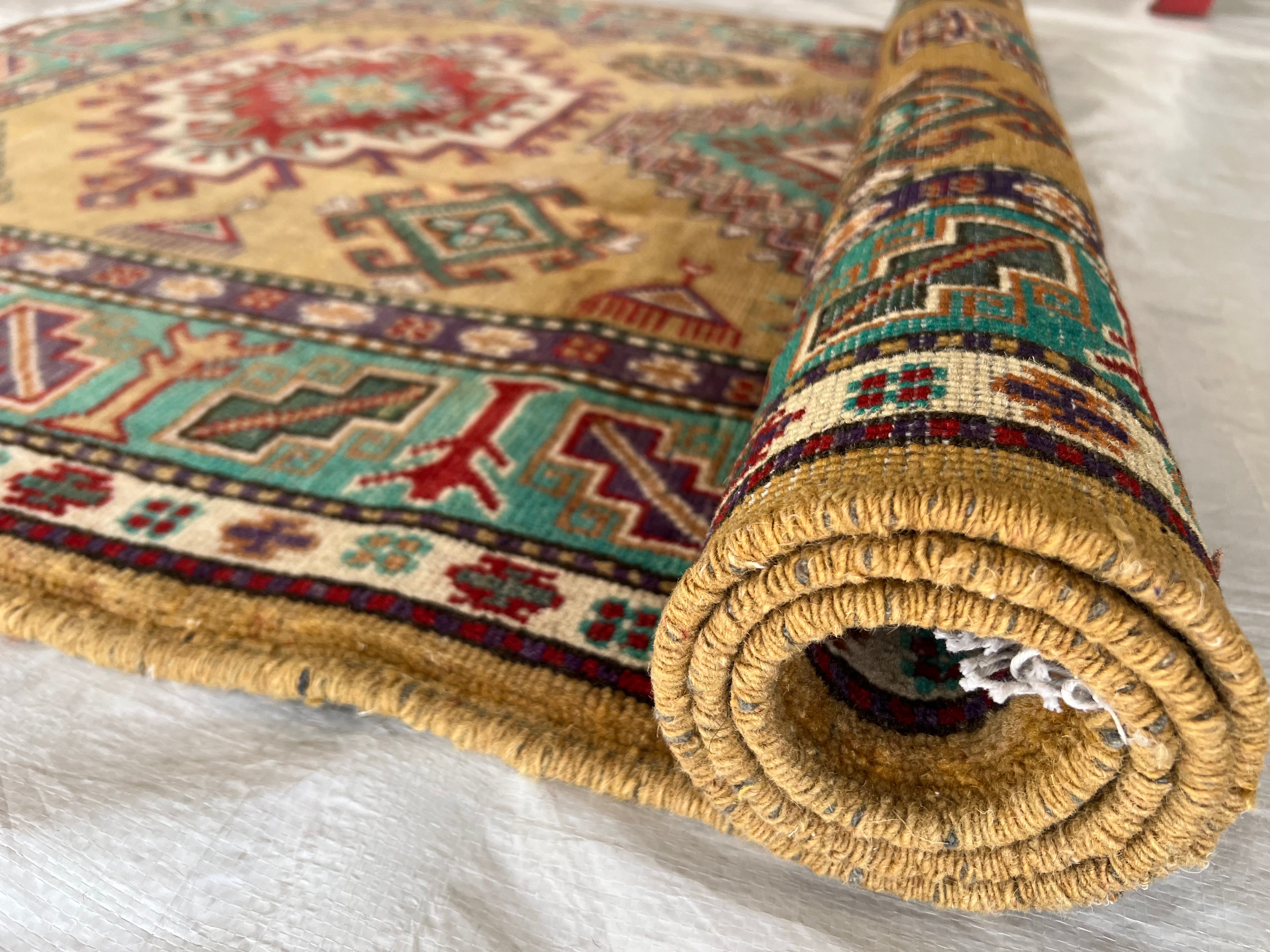 Kazak Rug 4x6 | Gold, Teal & Red | Hand-Knotted Wool