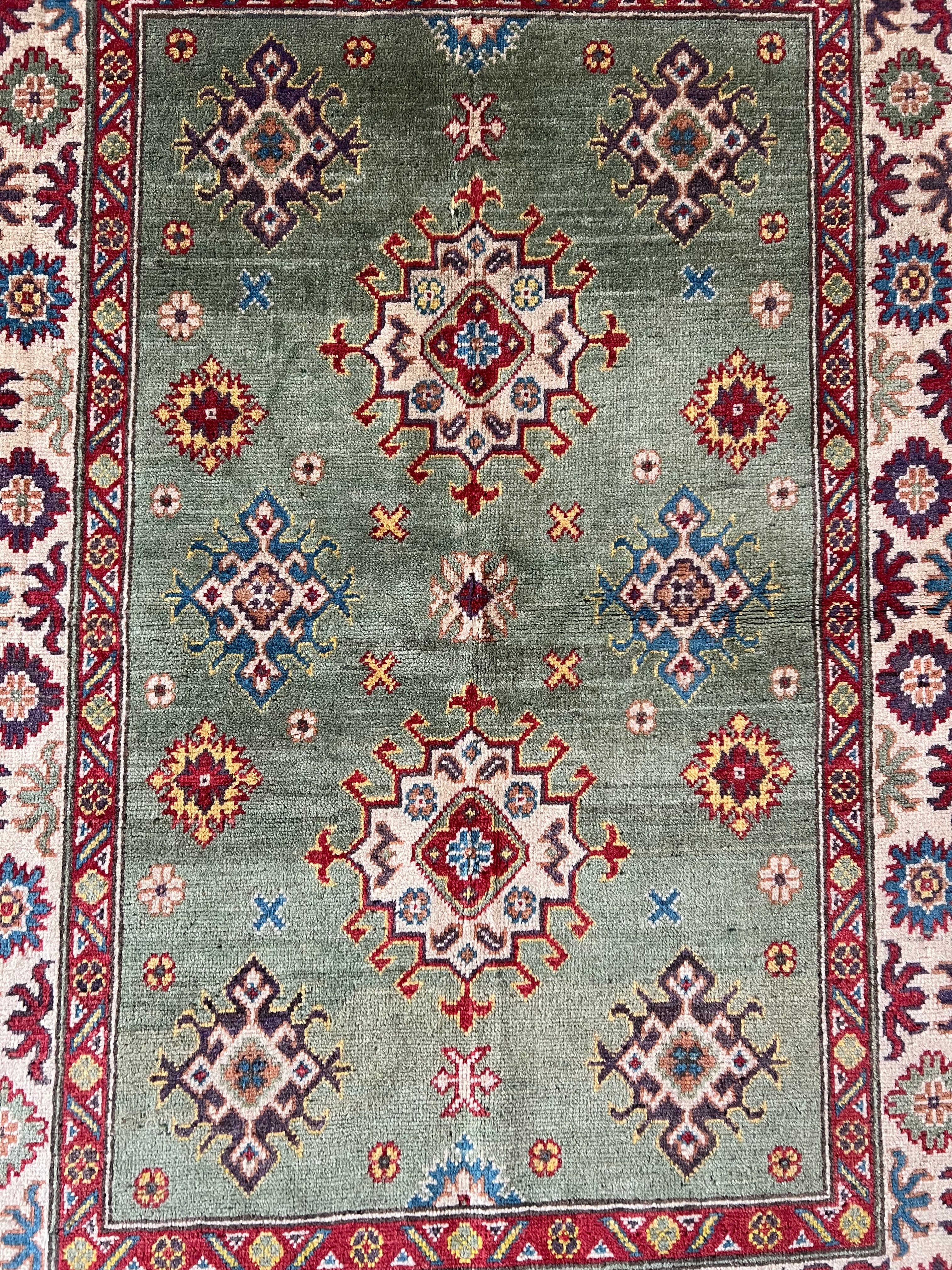 Kazak Rug 3x5 | Olive Green, Ivory & Red | Hand-Knotted Wool