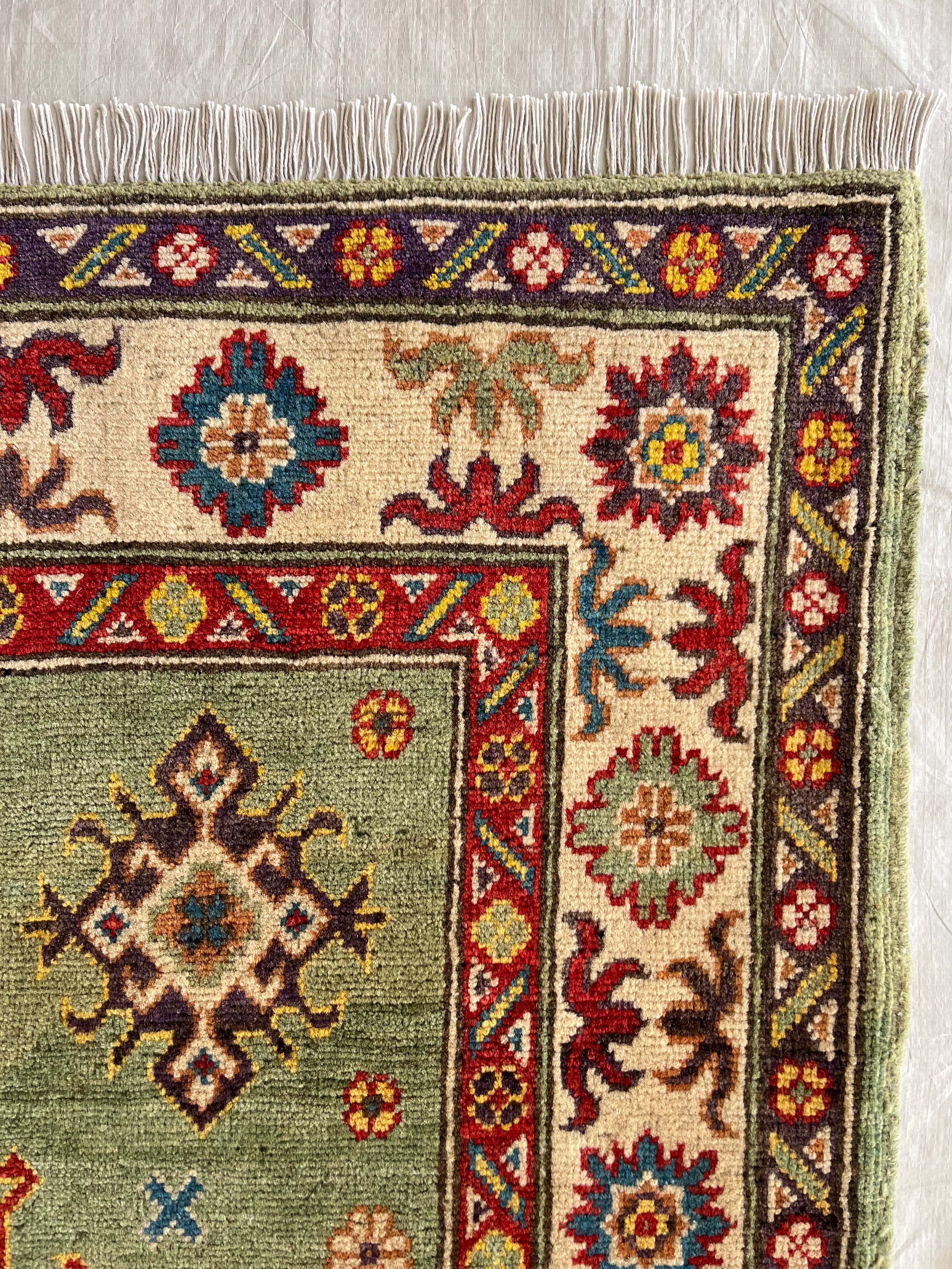 Kazak Rug 3x5 | Olive Green, Ivory & Red | Hand-Knotted Wool