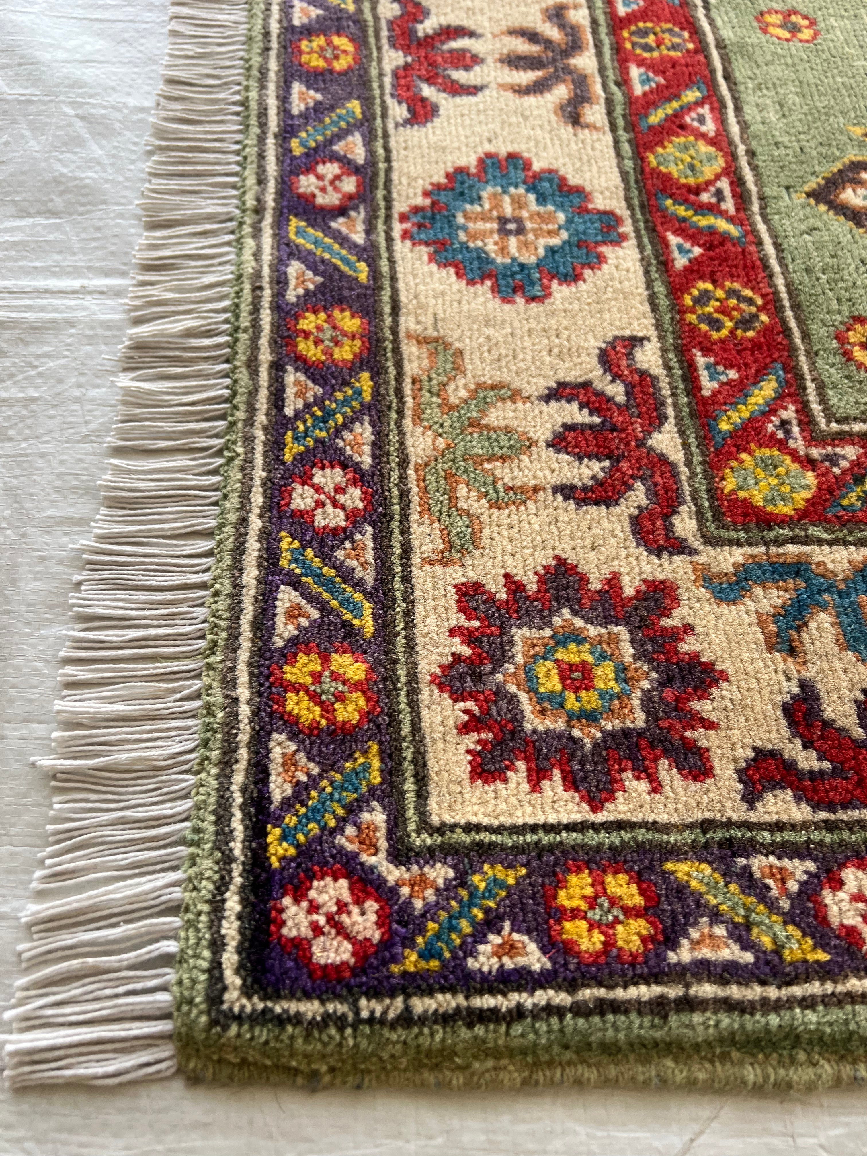 Kazak Rug 3x5 | Olive Green, Ivory & Red | Hand-Knotted Wool